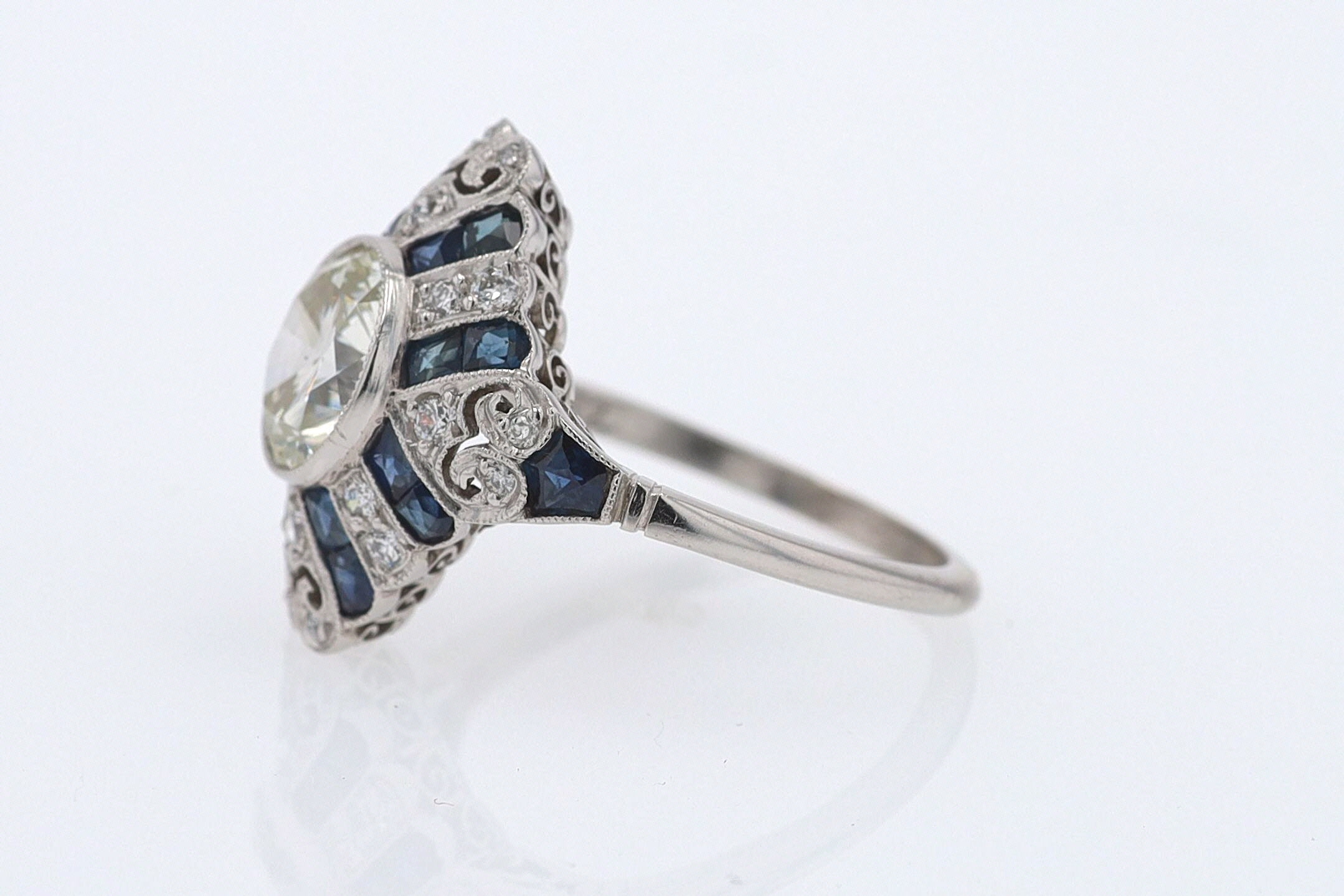 1.52 Carat Art Deco Style Diamond & Sapphire Engagement Ring