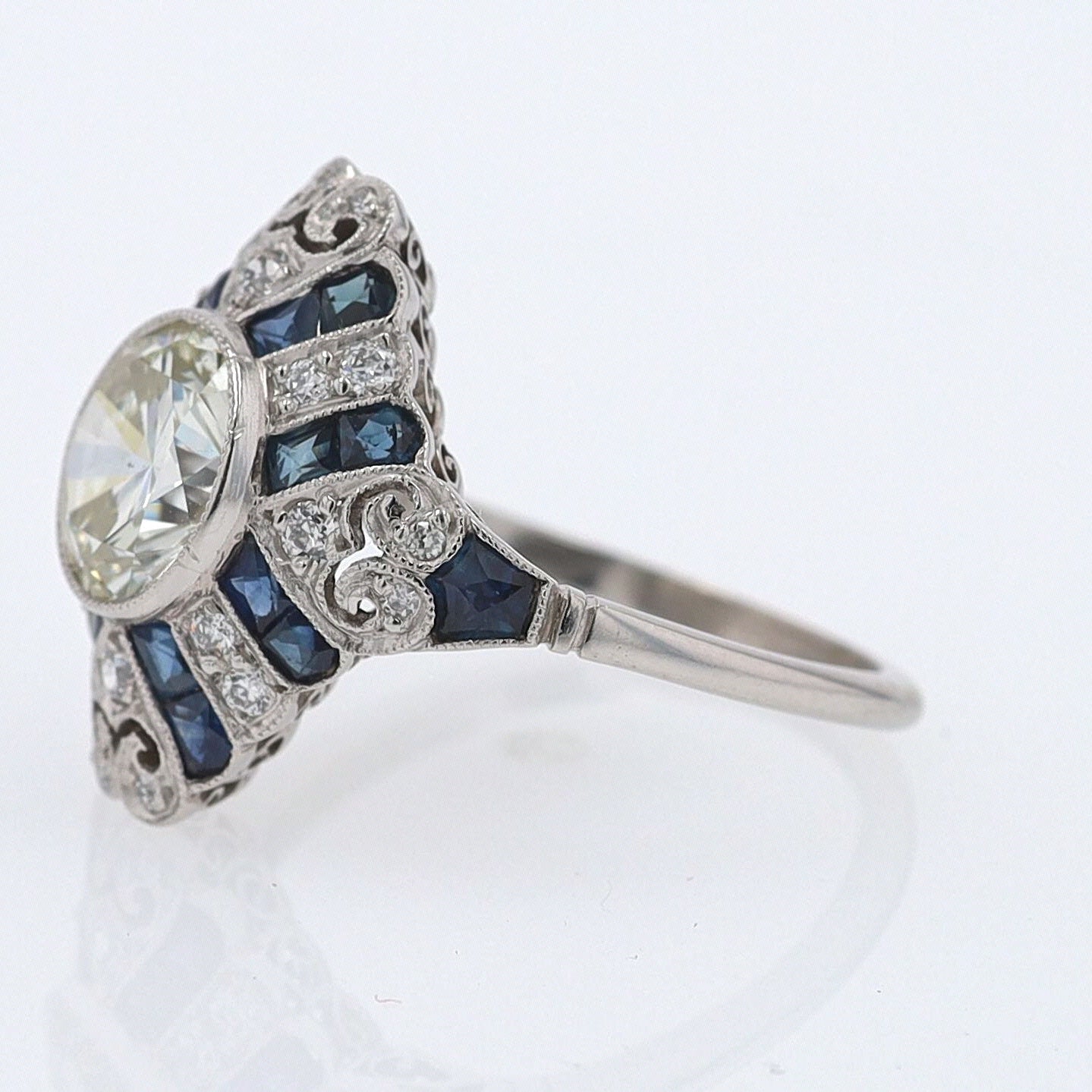 1.52 Carat Art Deco Style Diamond & Sapphire Engagement Ring