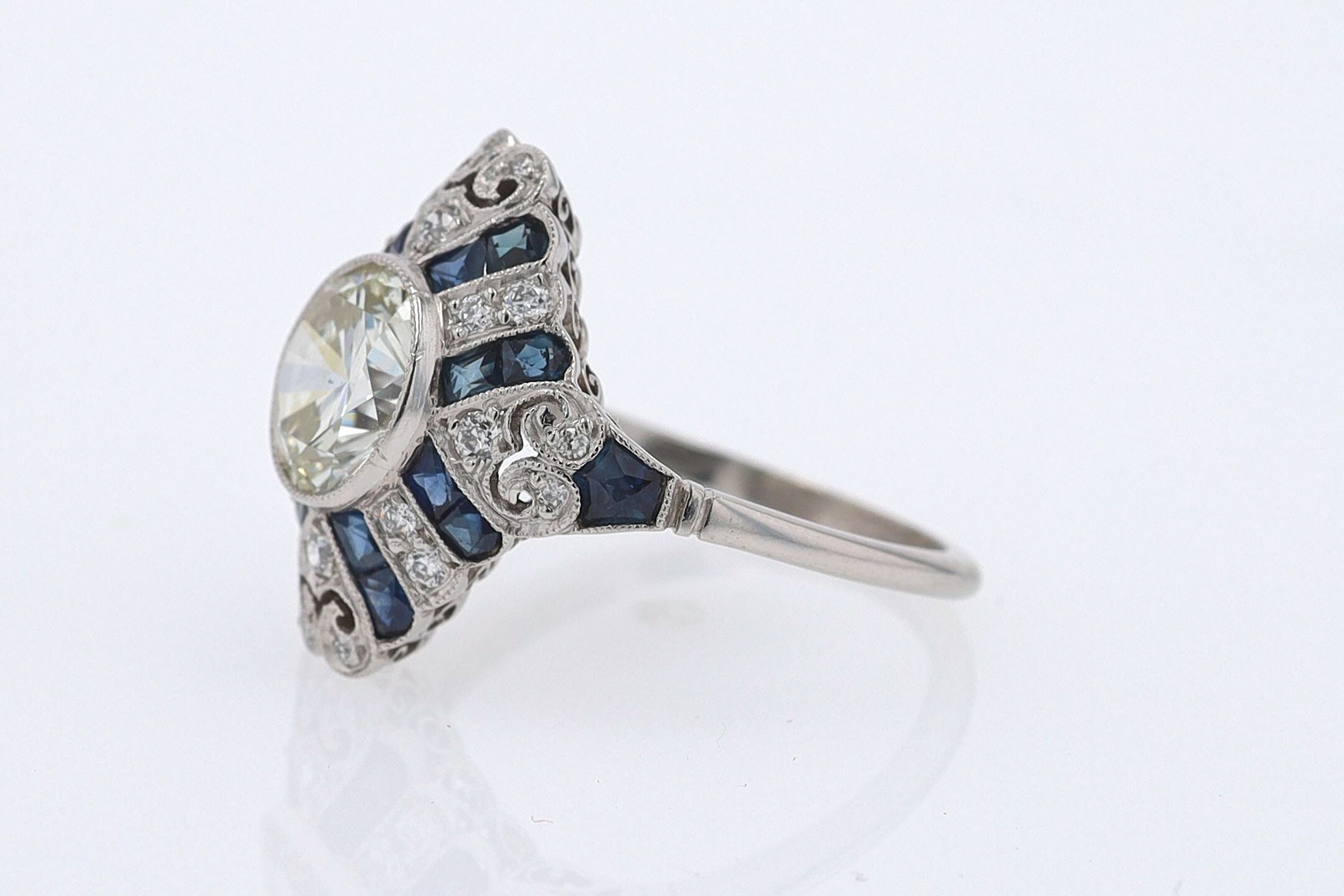 1.52 Carat Art Deco Style Diamond & Sapphire Engagement Ring