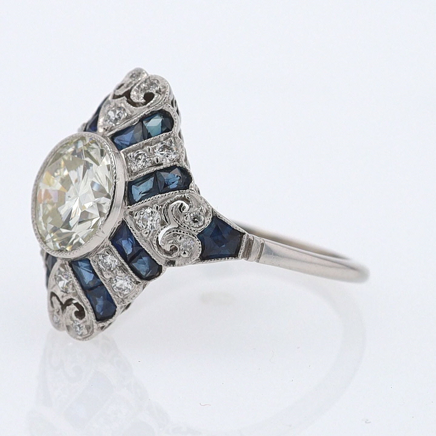1.52 Carat Art Deco Style Diamond & Sapphire Engagement Ring