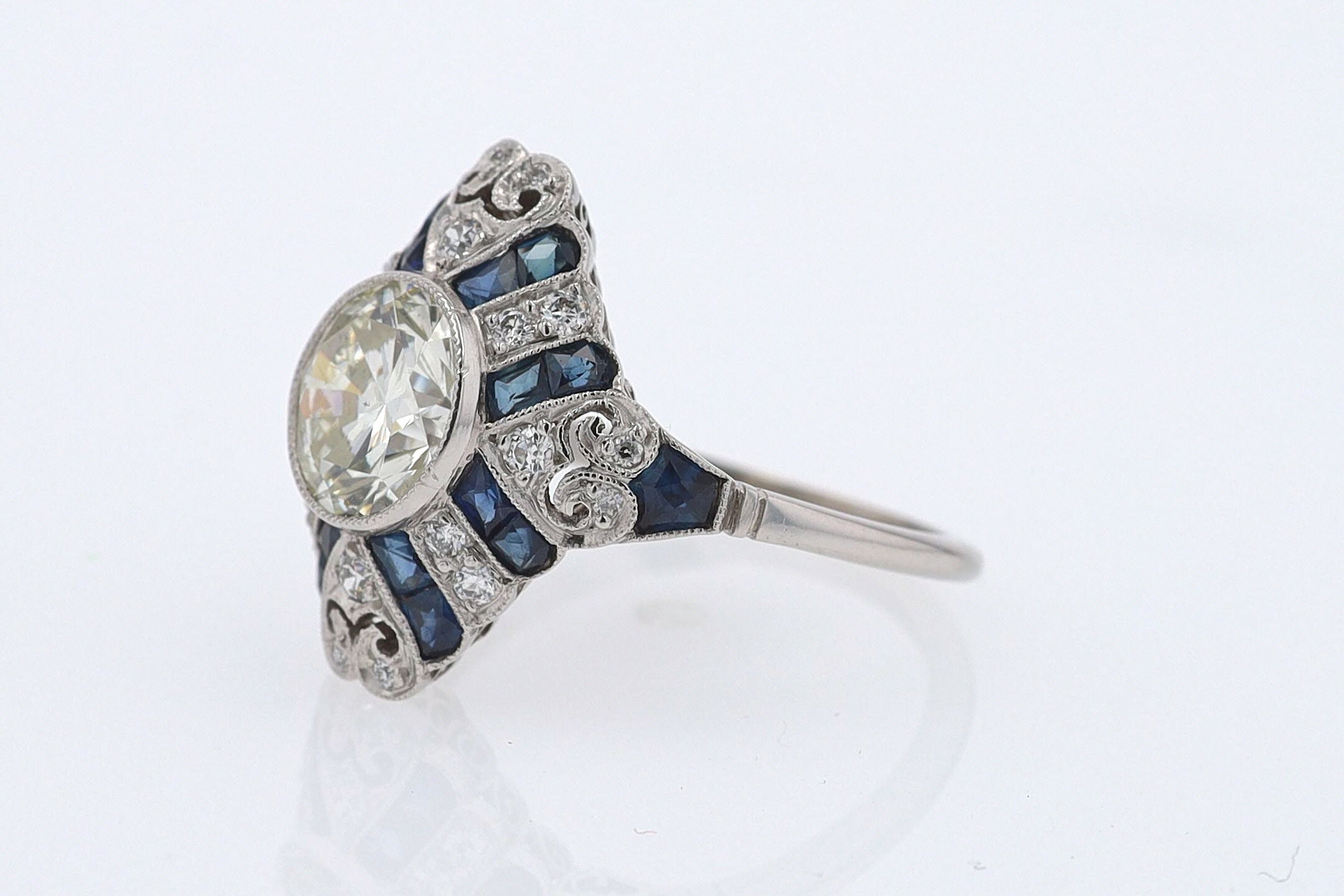 1.52 Carat Art Deco Style Diamond & Sapphire Engagement Ring
