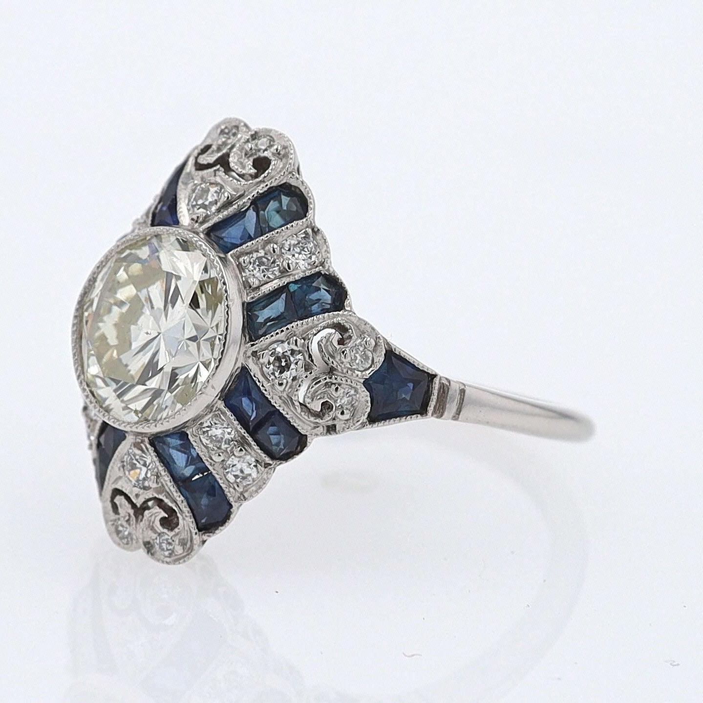 1.52 Carat Art Deco Style Diamond & Sapphire Engagement Ring