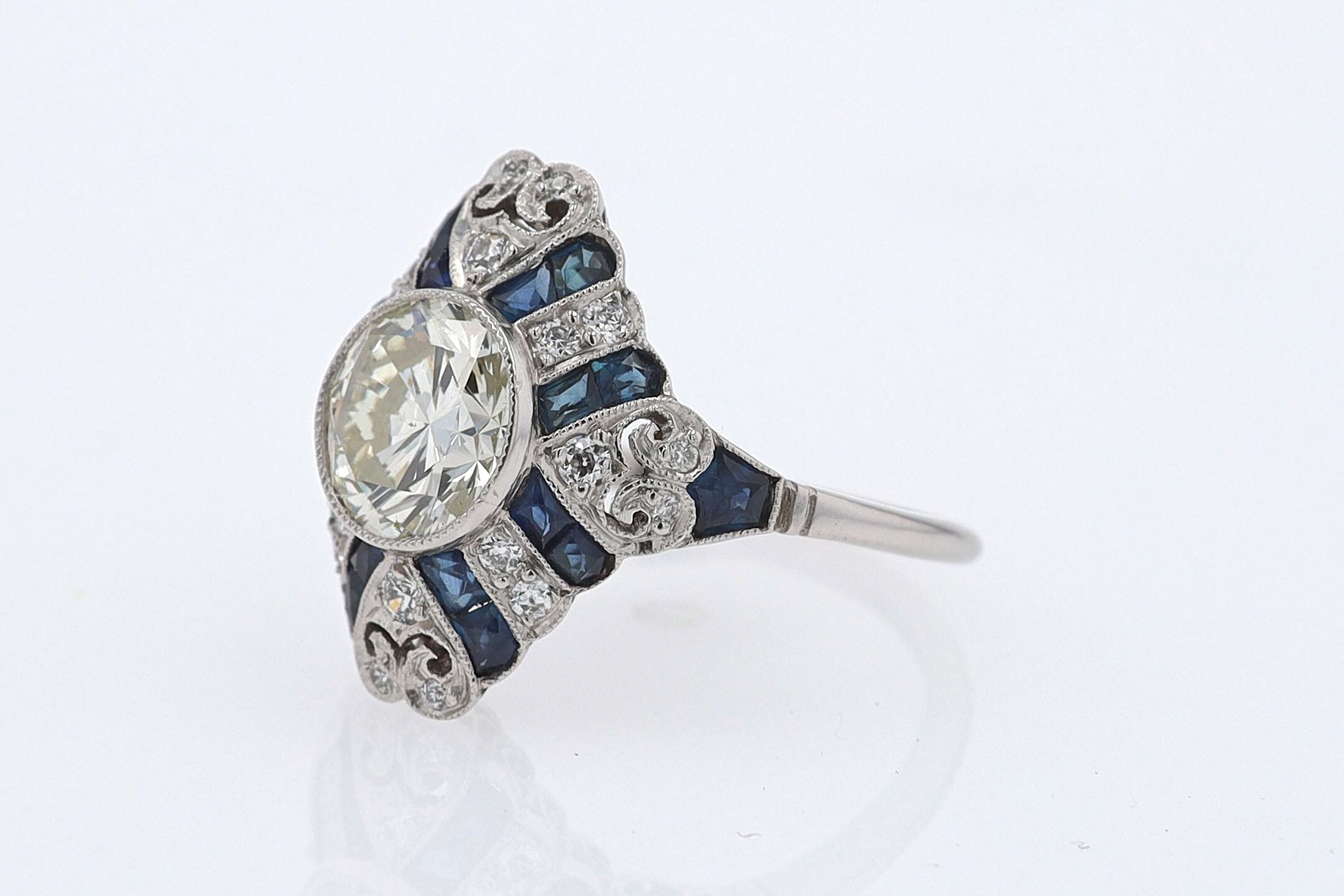 1.52 Carat Art Deco Style Diamond & Sapphire Engagement Ring