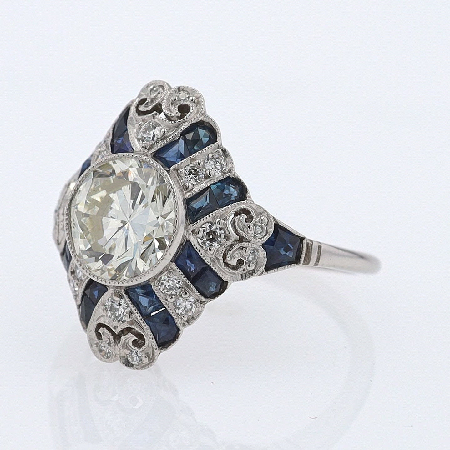 1.52 Carat Art Deco Style Diamond & Sapphire Engagement Ring