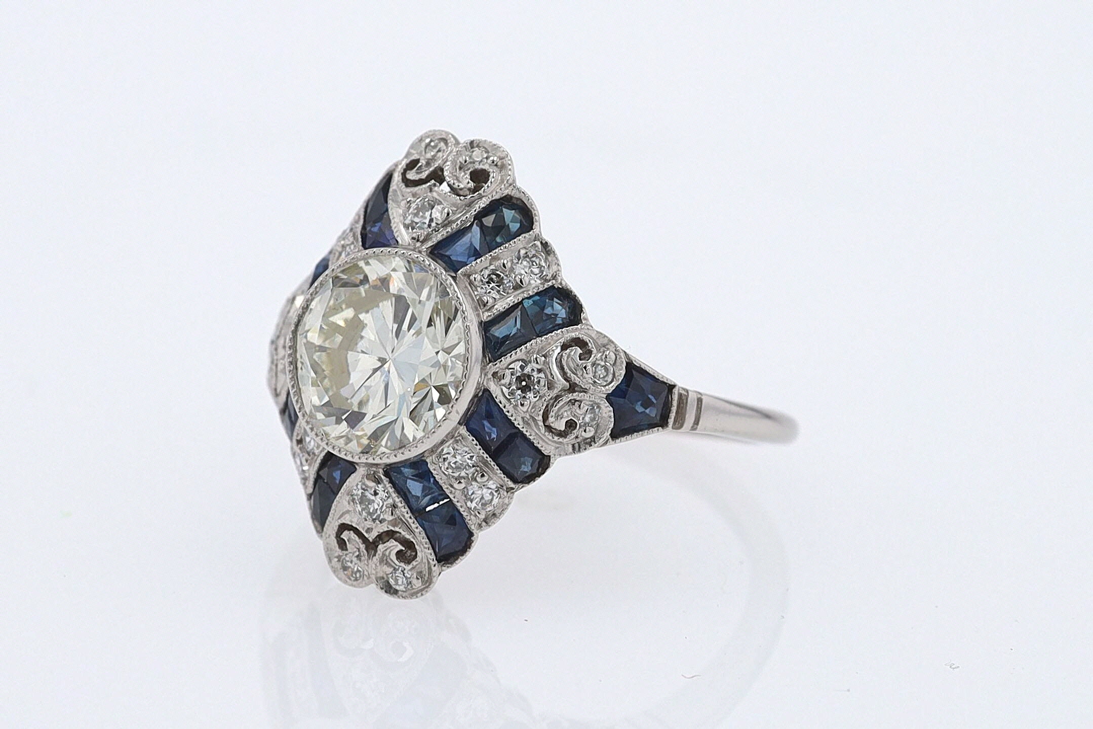 1.52 Carat Art Deco Style Diamond & Sapphire Engagement Ring