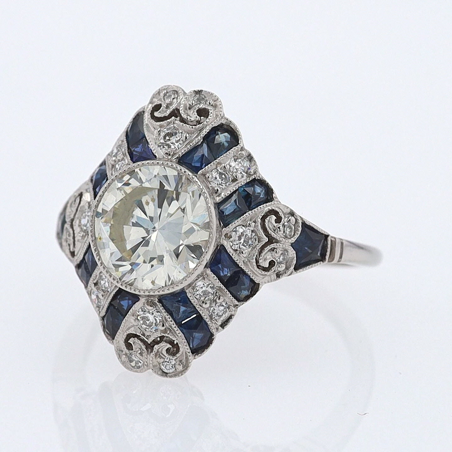 1.52 Carat Art Deco Style Diamond & Sapphire Engagement Ring