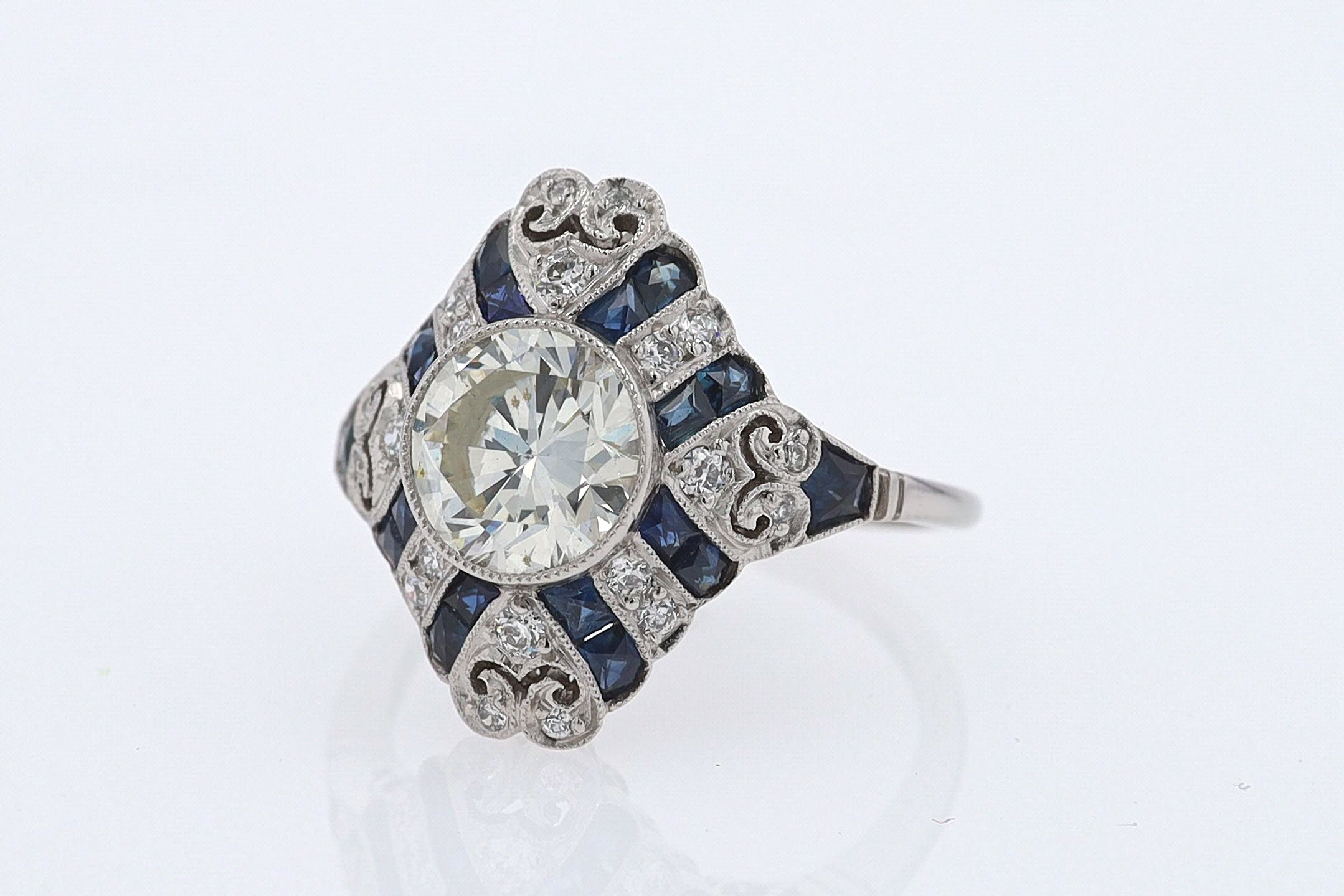 1.52 Carat Art Deco Style Diamond & Sapphire Engagement Ring