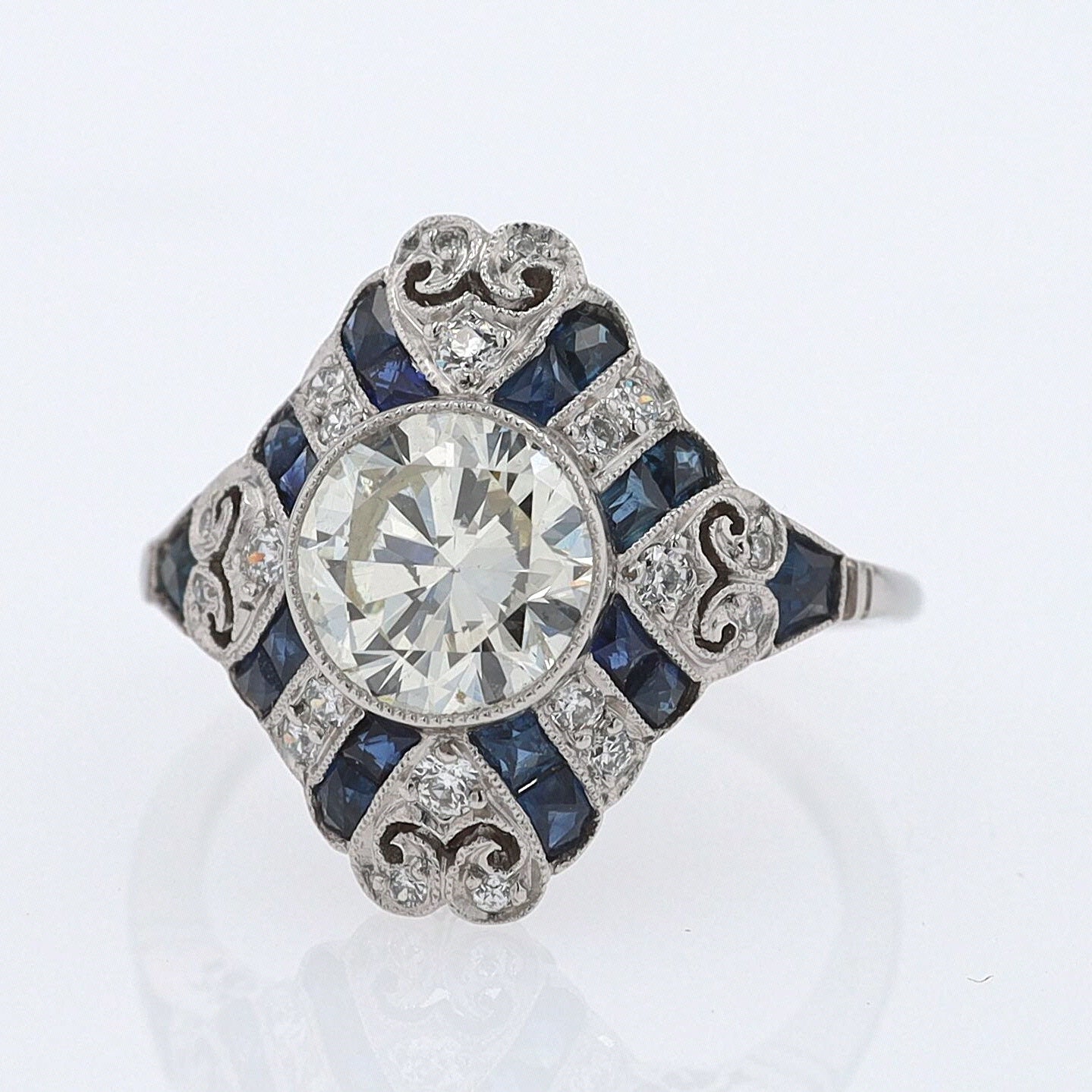 1.52 Carat Art Deco Style Diamond & Sapphire Engagement Ring