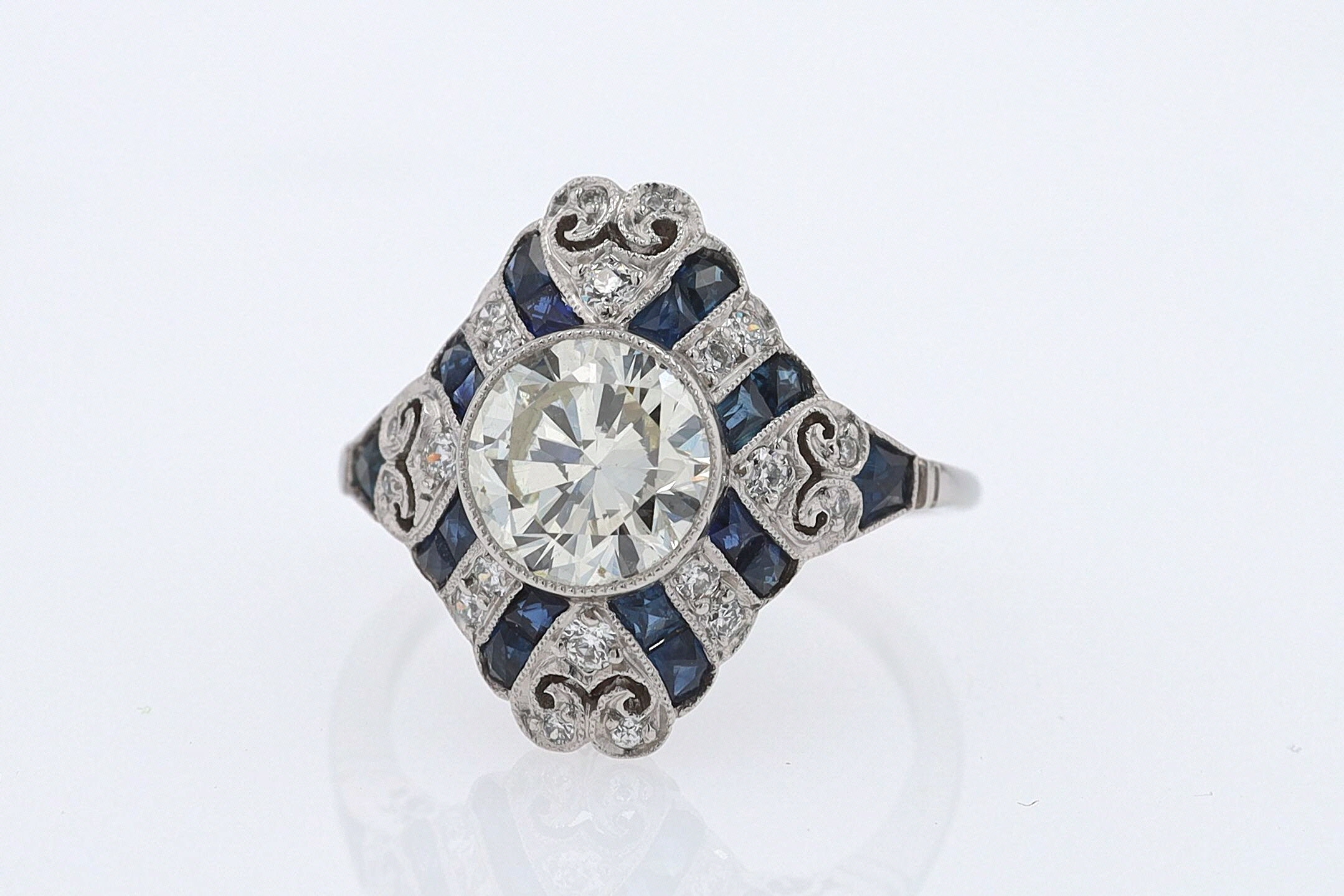 1.52 Carat Art Deco Style Diamond & Sapphire Engagement Ring