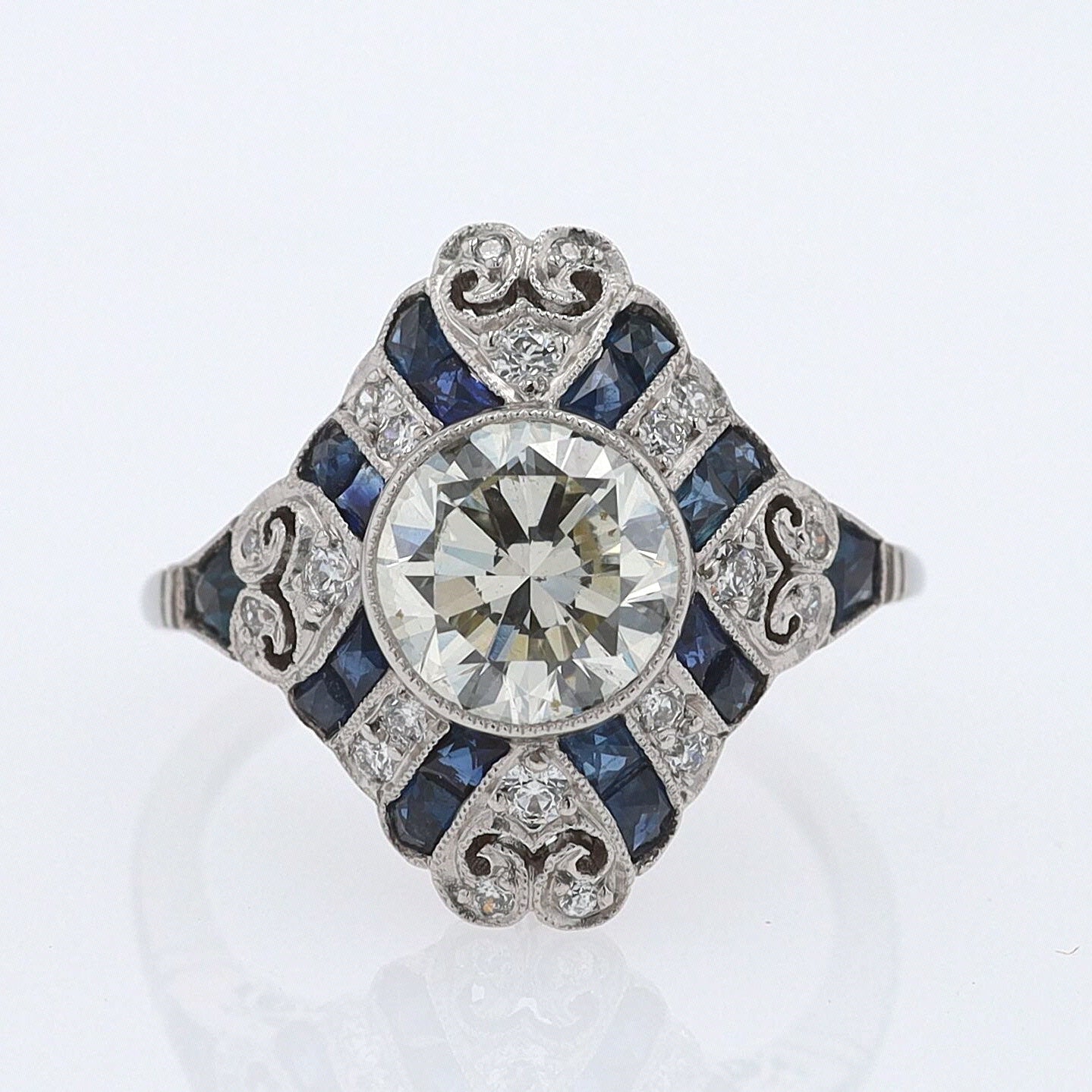 1.52 Carat Art Deco Style Diamond & Sapphire Engagement Ring