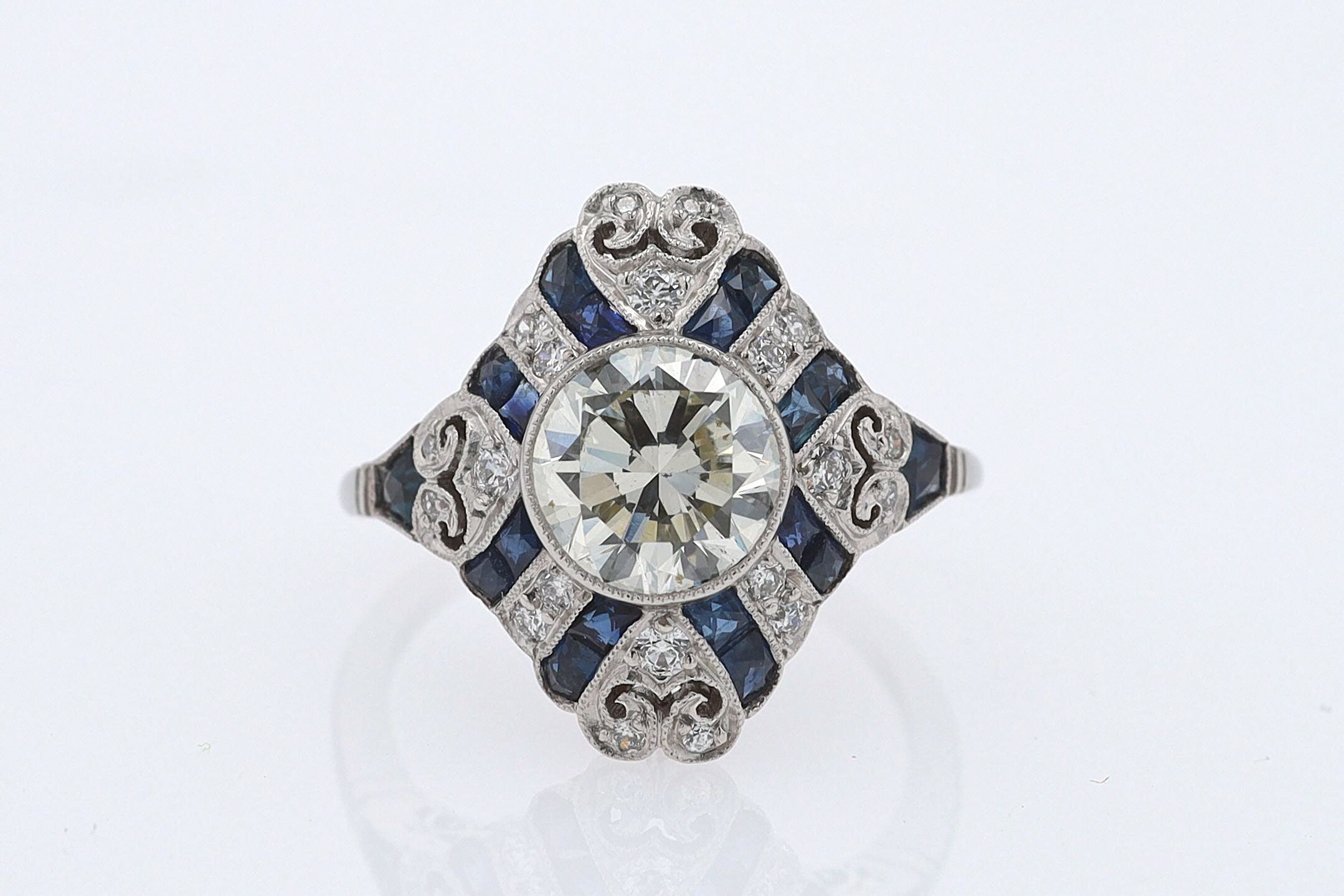 1.52 Carat Art Deco Style Diamond & Sapphire Engagement Ring