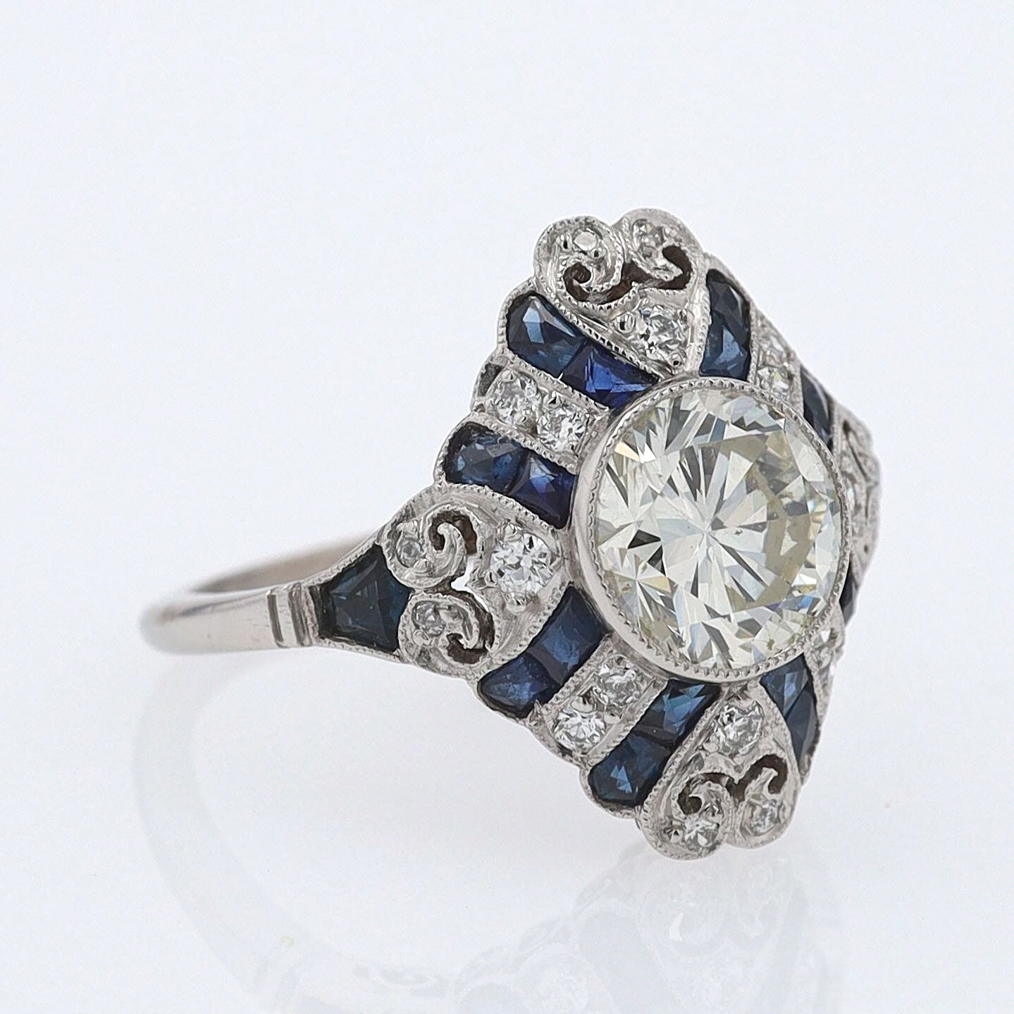 1.52 Carat Art Deco Style Diamond & Sapphire Engagement Ring