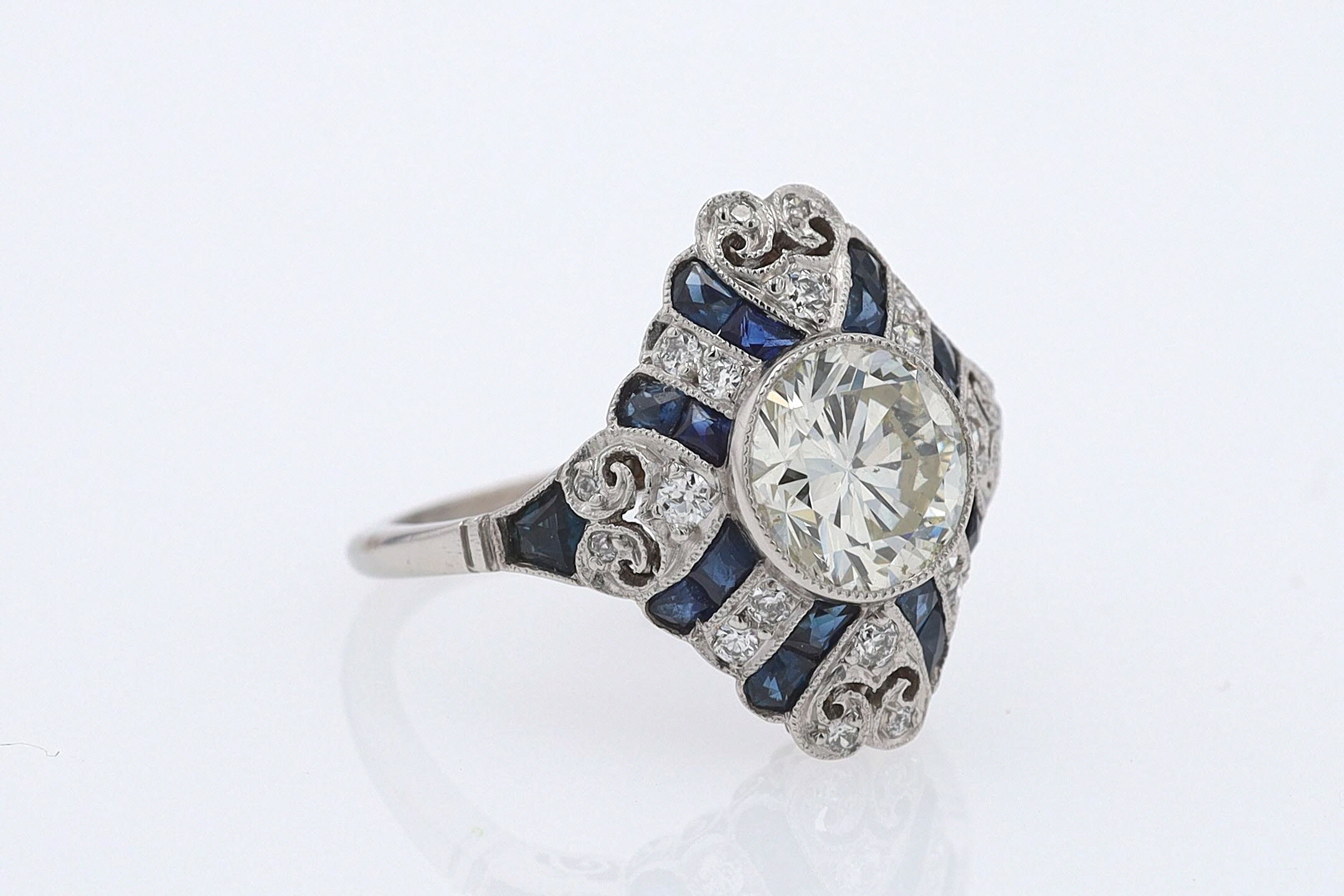 1.52 Carat Art Deco Style Diamond & Sapphire Engagement Ring