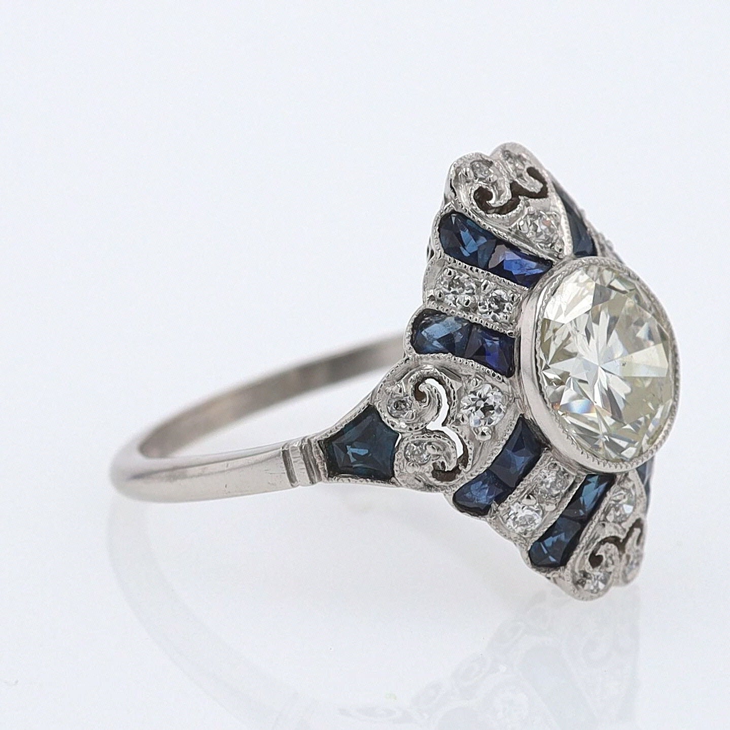 1.52 Carat Art Deco Style Diamond & Sapphire Engagement Ring