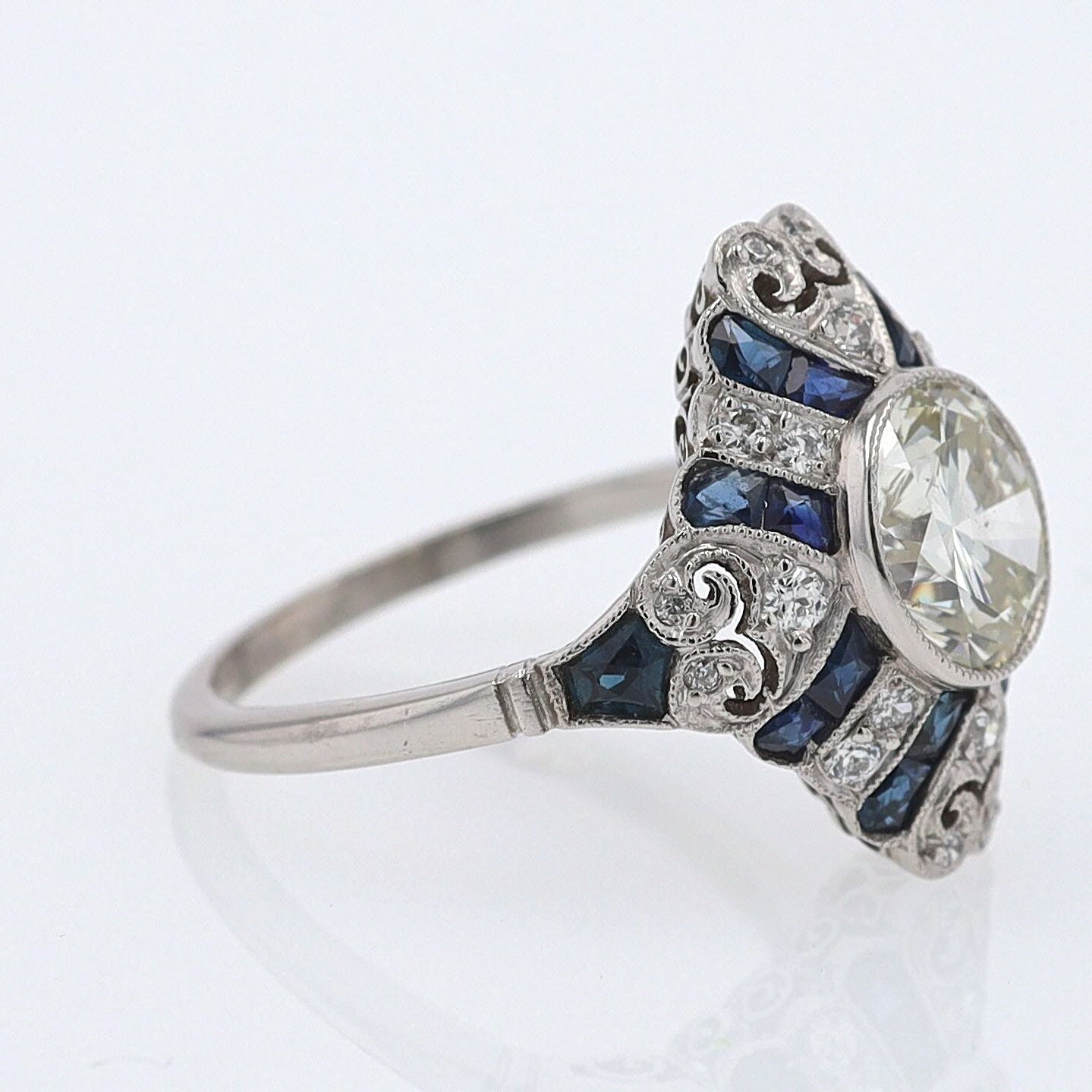 1.52 Carat Art Deco Style Diamond & Sapphire Engagement Ring
