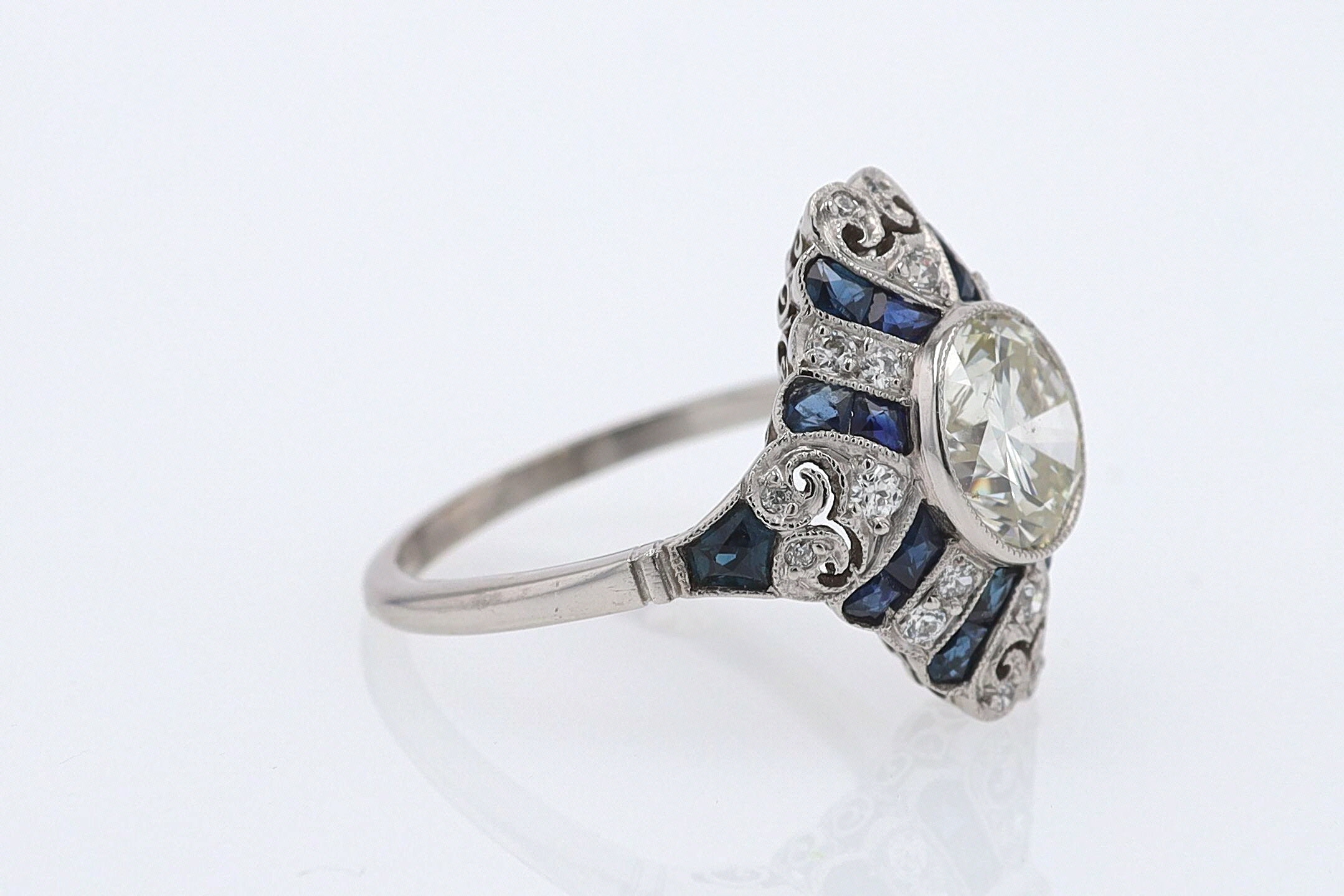 1.52 Carat Art Deco Style Diamond & Sapphire Engagement Ring