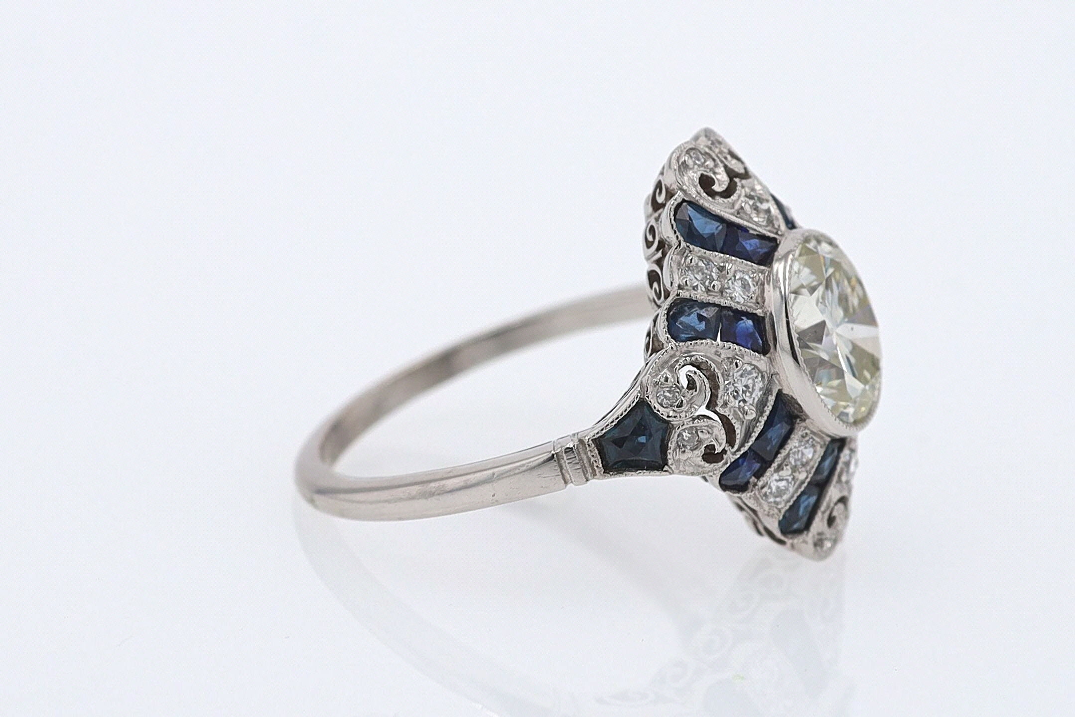 1.52 Carat Art Deco Style Diamond & Sapphire Engagement Ring