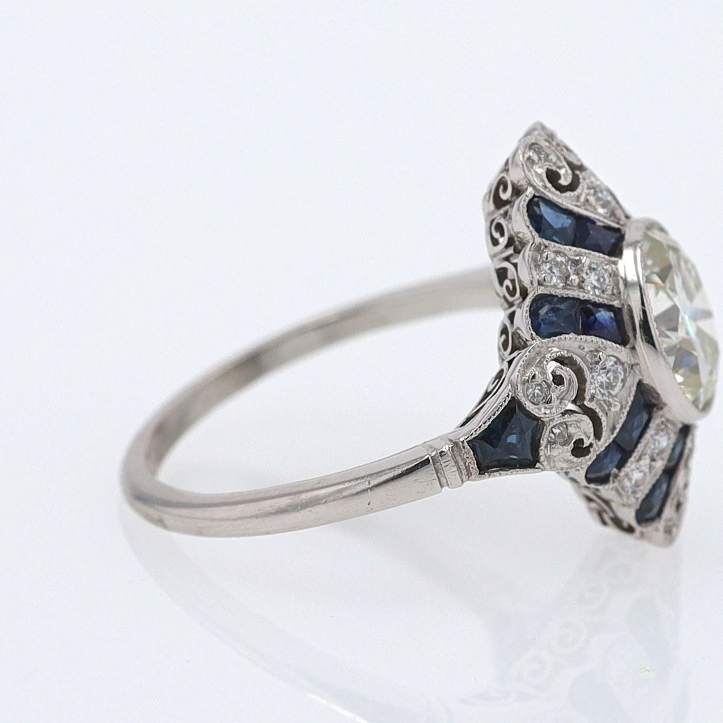 1.52 Carat Art Deco Style Diamond & Sapphire Engagement Ring