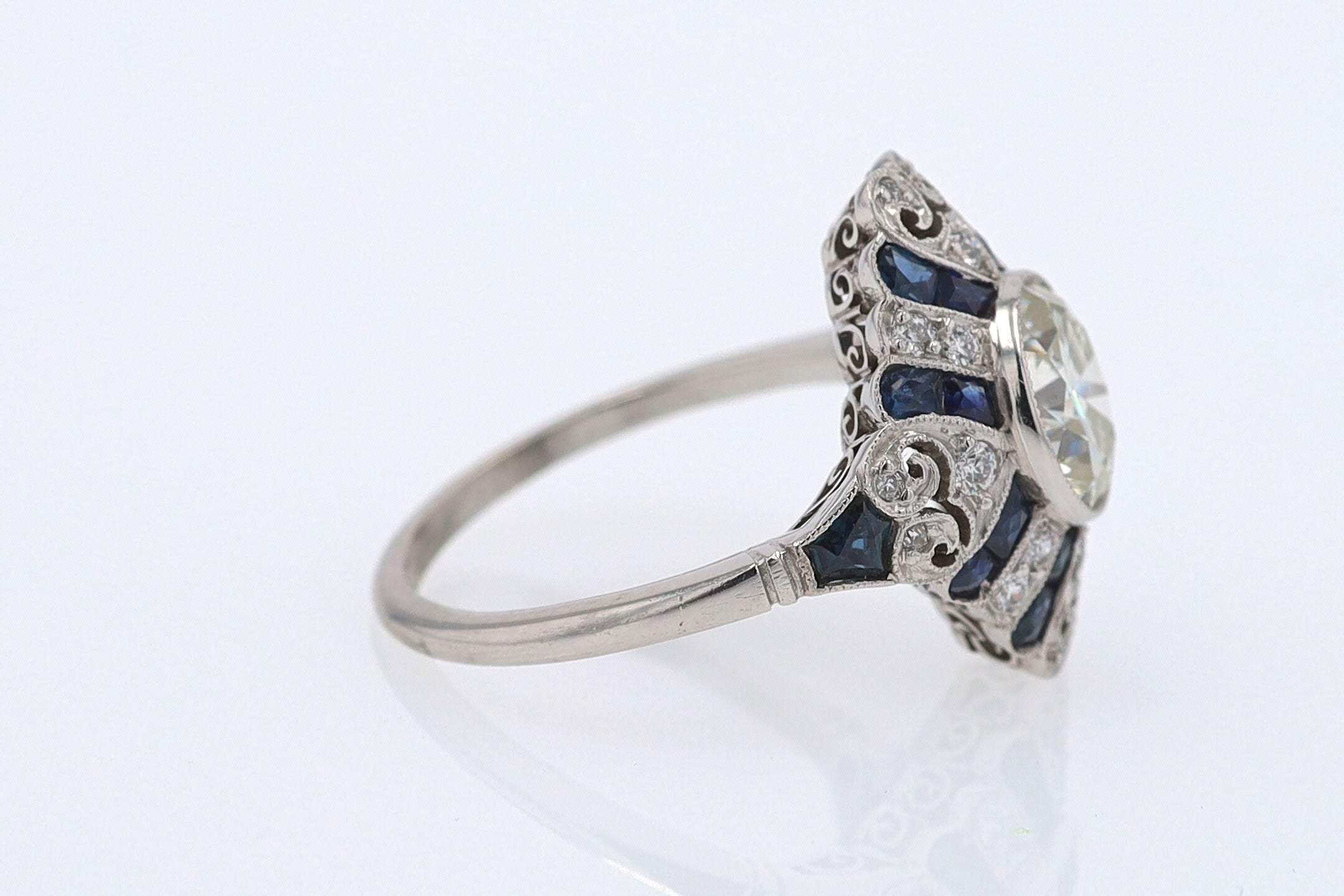 1.52 Carat Art Deco Style Diamond & Sapphire Engagement Ring