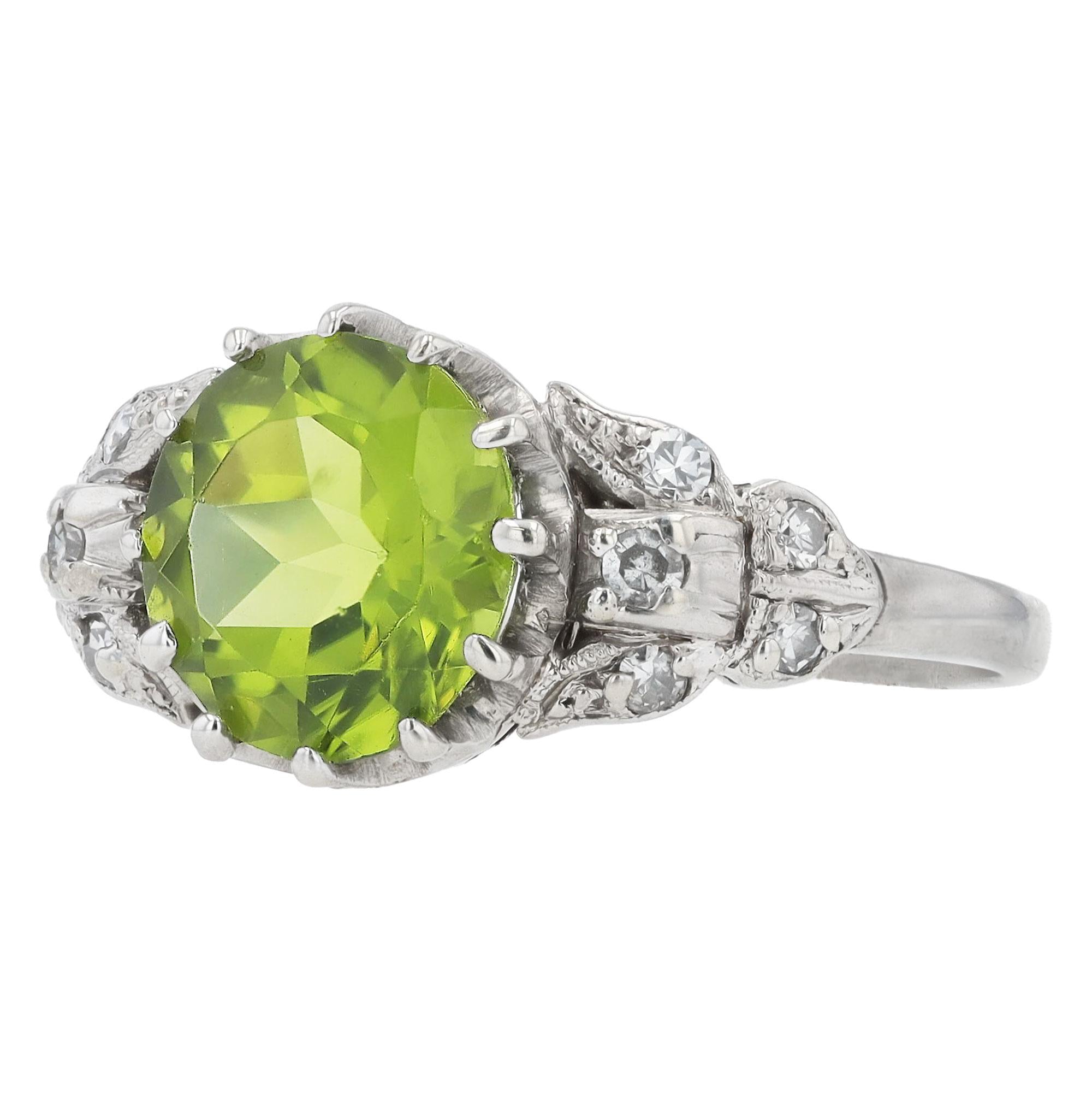Peridot Platinum and Diamond Art Deco Gemstone Engagement Ring