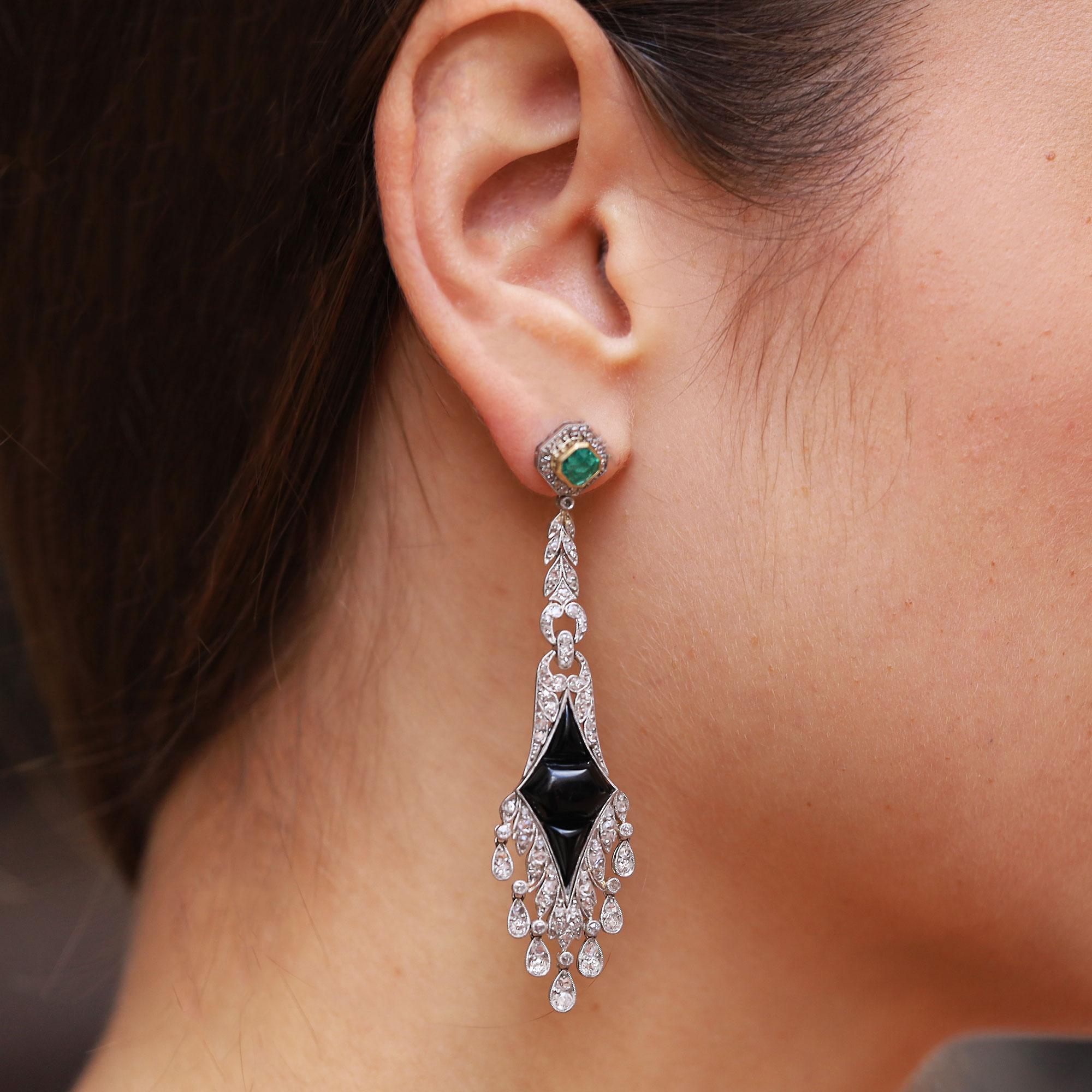 Estate Art Deco Style Diamond Emerald & Onyx Chandelier Drop Earrings