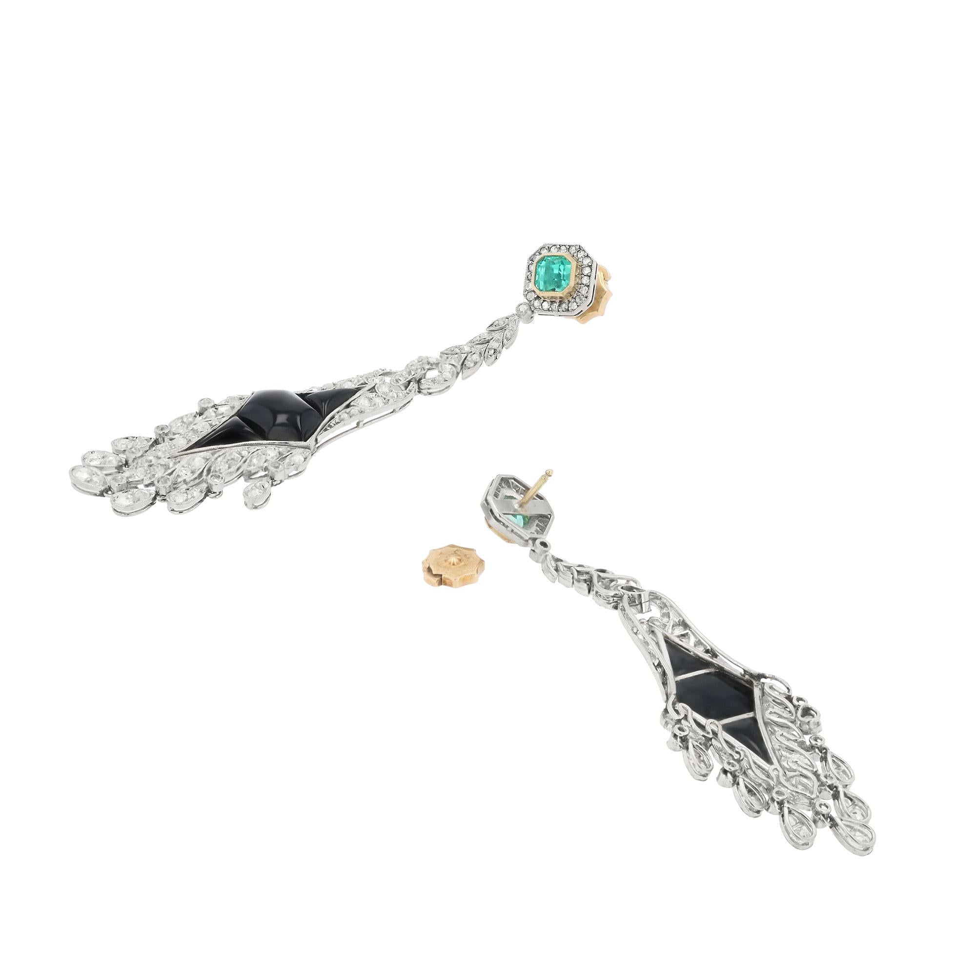 Estate Art Deco Style Diamond Emerald & Onyx Chandelier Drop Earrings