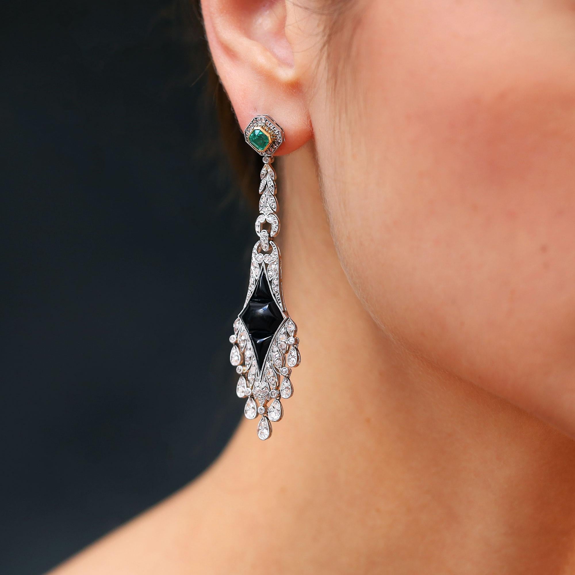 Estate Art Deco Style Diamond Emerald & Onyx Chandelier Drop Earrings