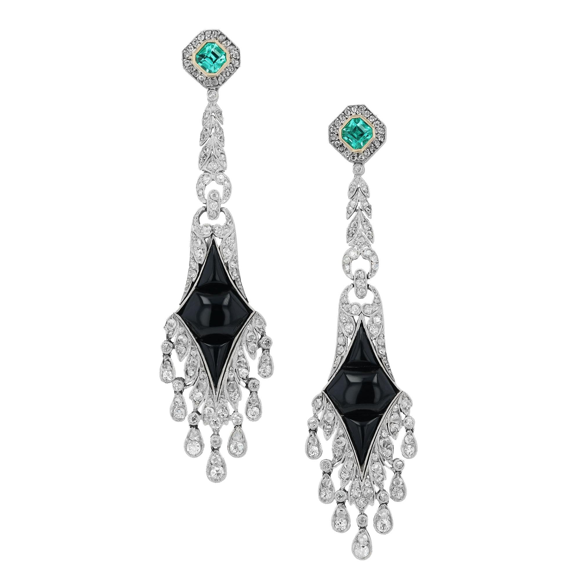 Estate Art Deco Style Diamond Emerald & Onyx Chandelier Drop Earrings