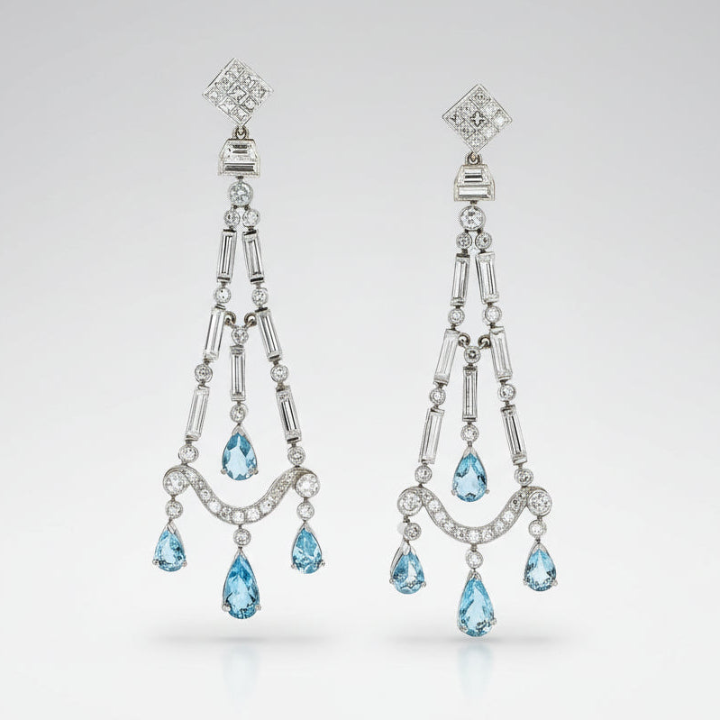 6 Carats Aquamarine & Diamond Platinum Chandelier Earrings