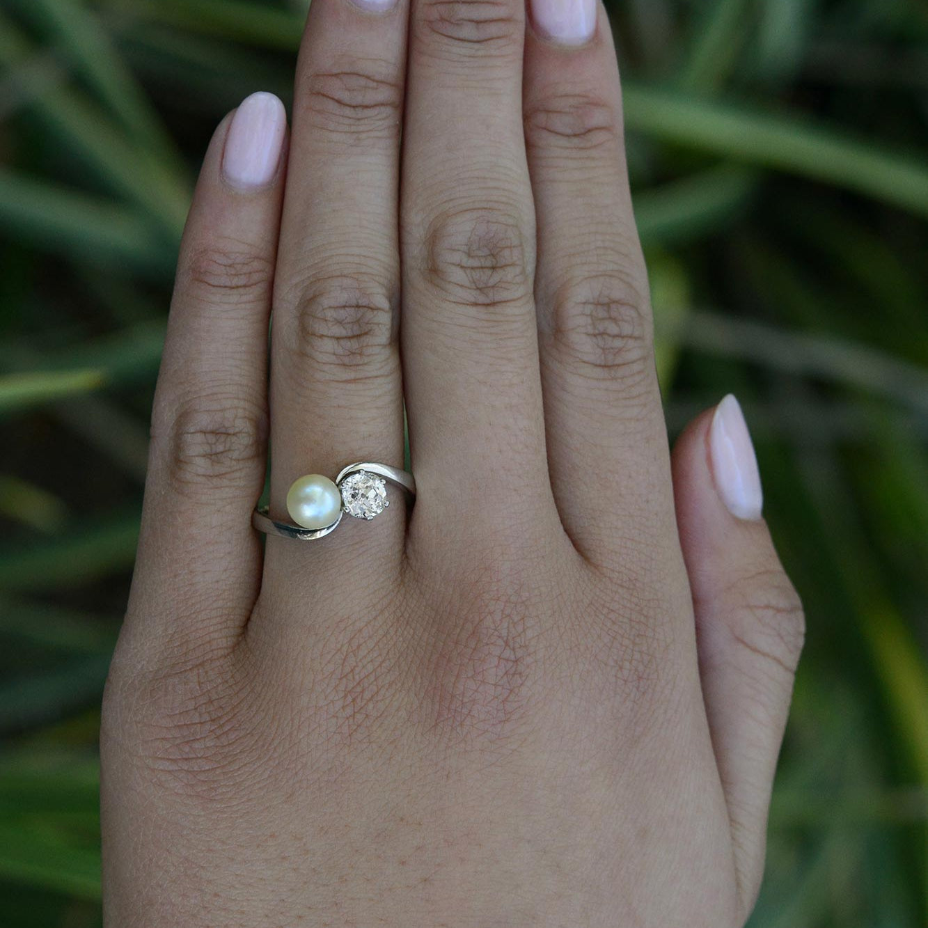 2 Stone Pearl Diamond Art Deco Engagement Ring