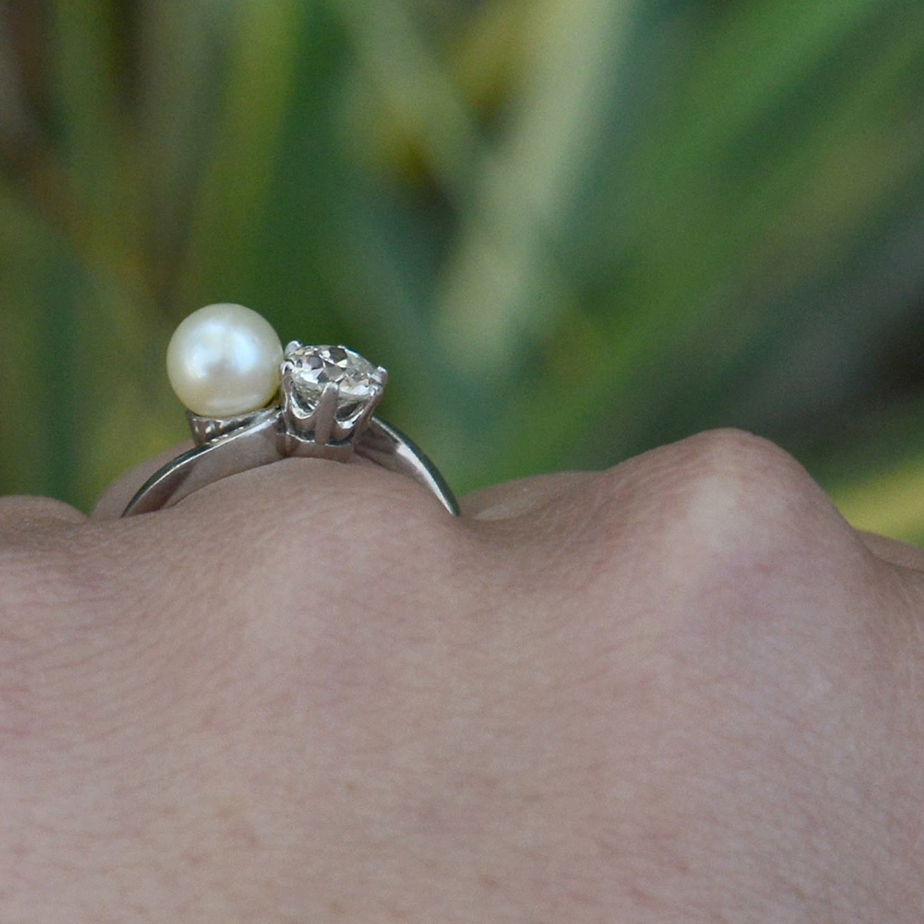 2 Stone Pearl Diamond Art Deco Engagement Ring