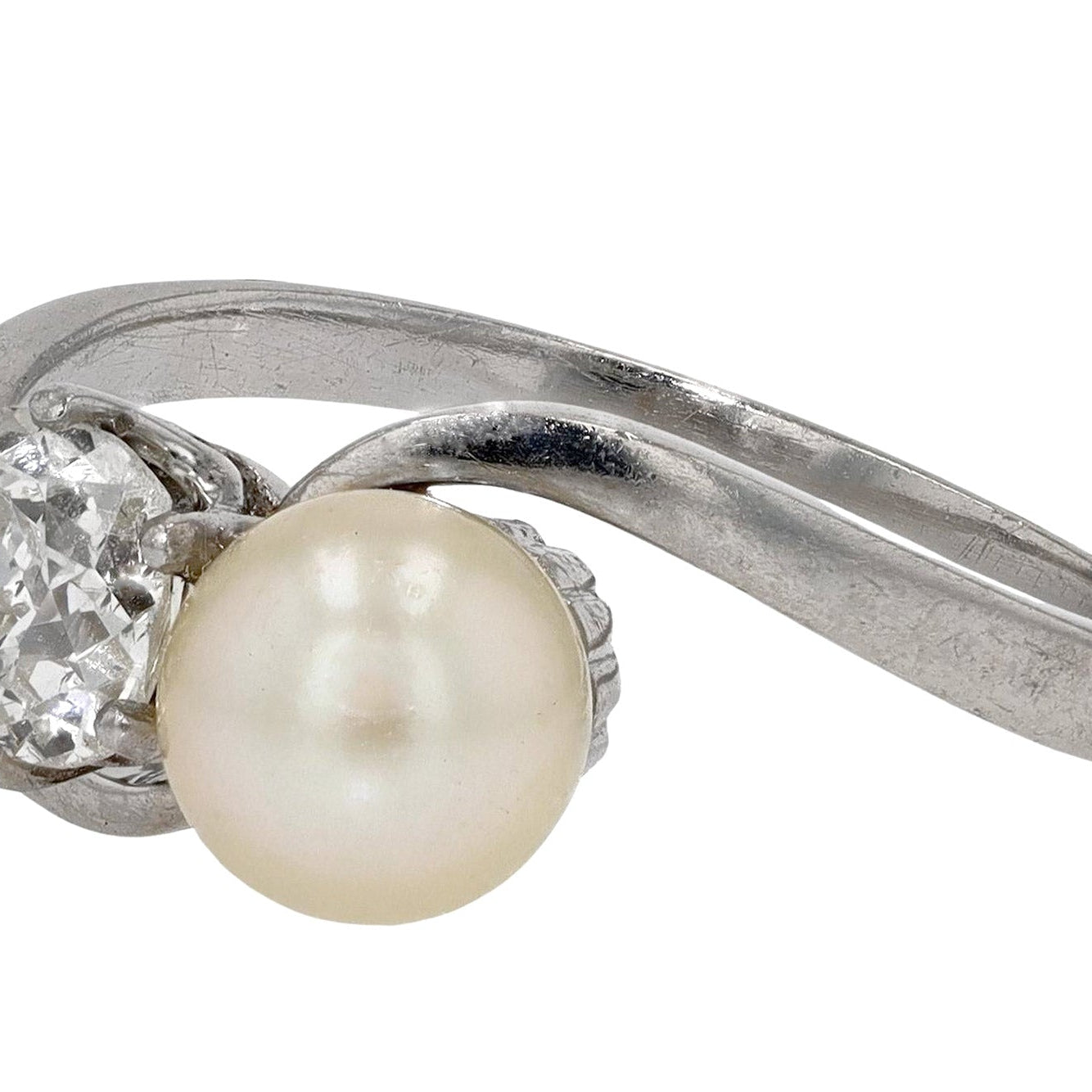 2 Stone Pearl Diamond Art Deco Engagement Ring