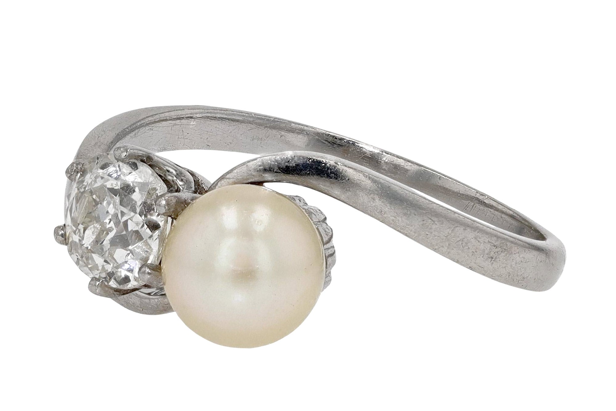 2 Stone Pearl Diamond Art Deco Engagement Ring
