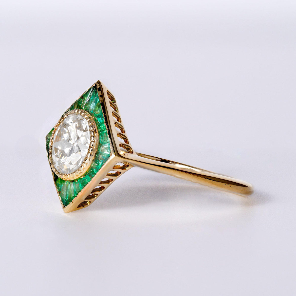 1.06 Carat Old European Single Diamond Emerald Art Deco Revival Ring