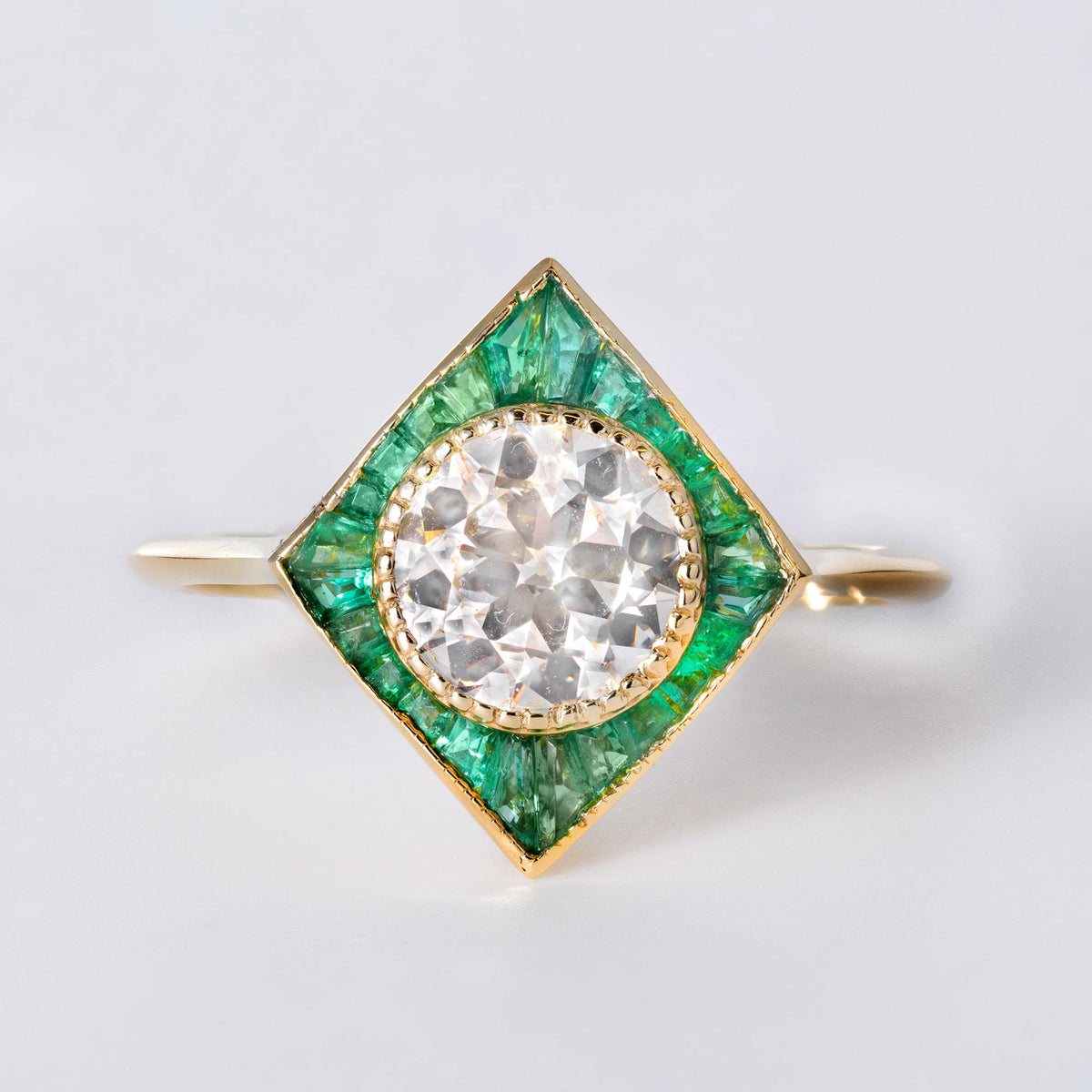 1.06 Carat Old European Single Diamond Emerald Art Deco Revival Ring
