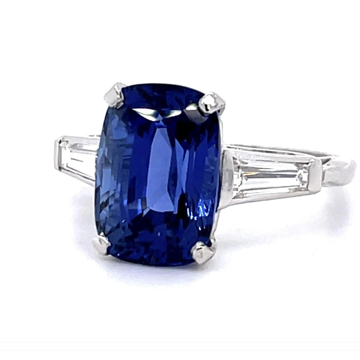Art Deco 6.45 Carat Elongated Cushion Sapphire 3 Stone Ring GIA Certified
