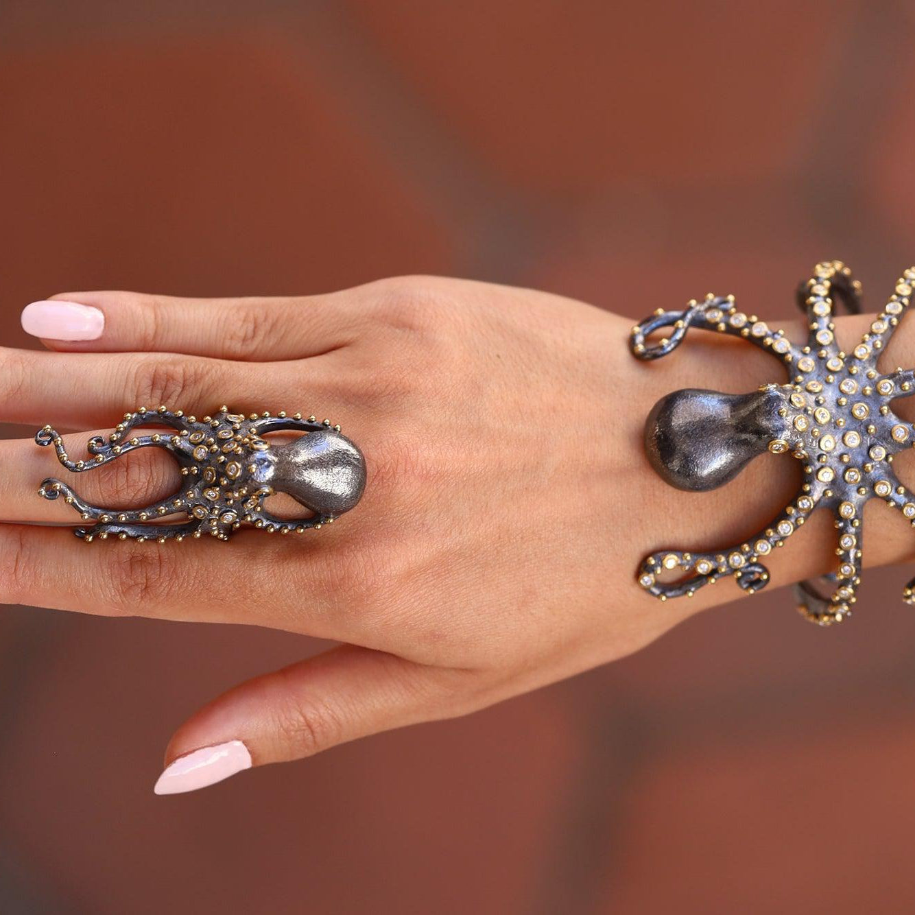 24kt Gold & Silver Diamond Octopus Cocktail Ring