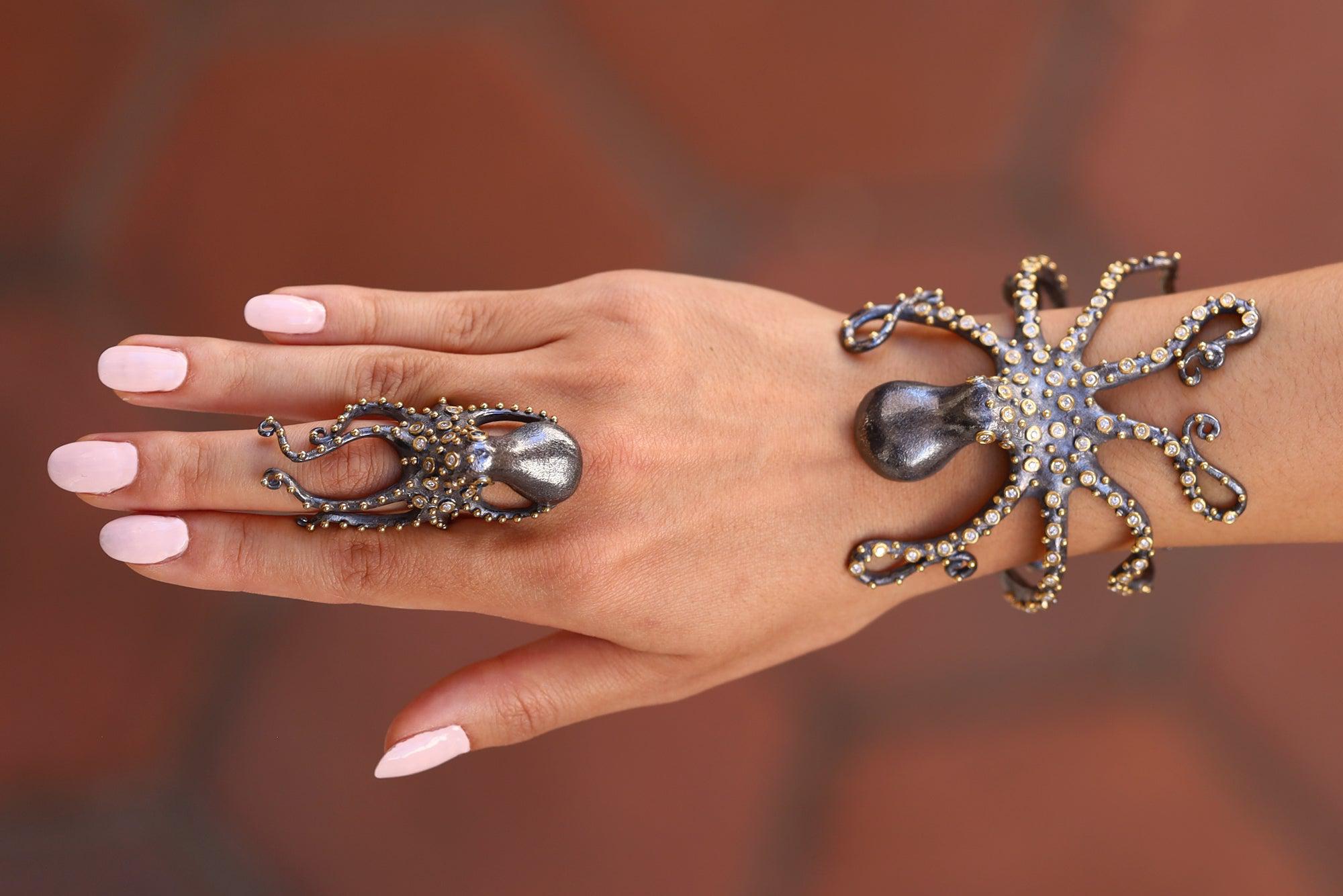 24kt Gold & Silver Diamond Octopus Cocktail Ring