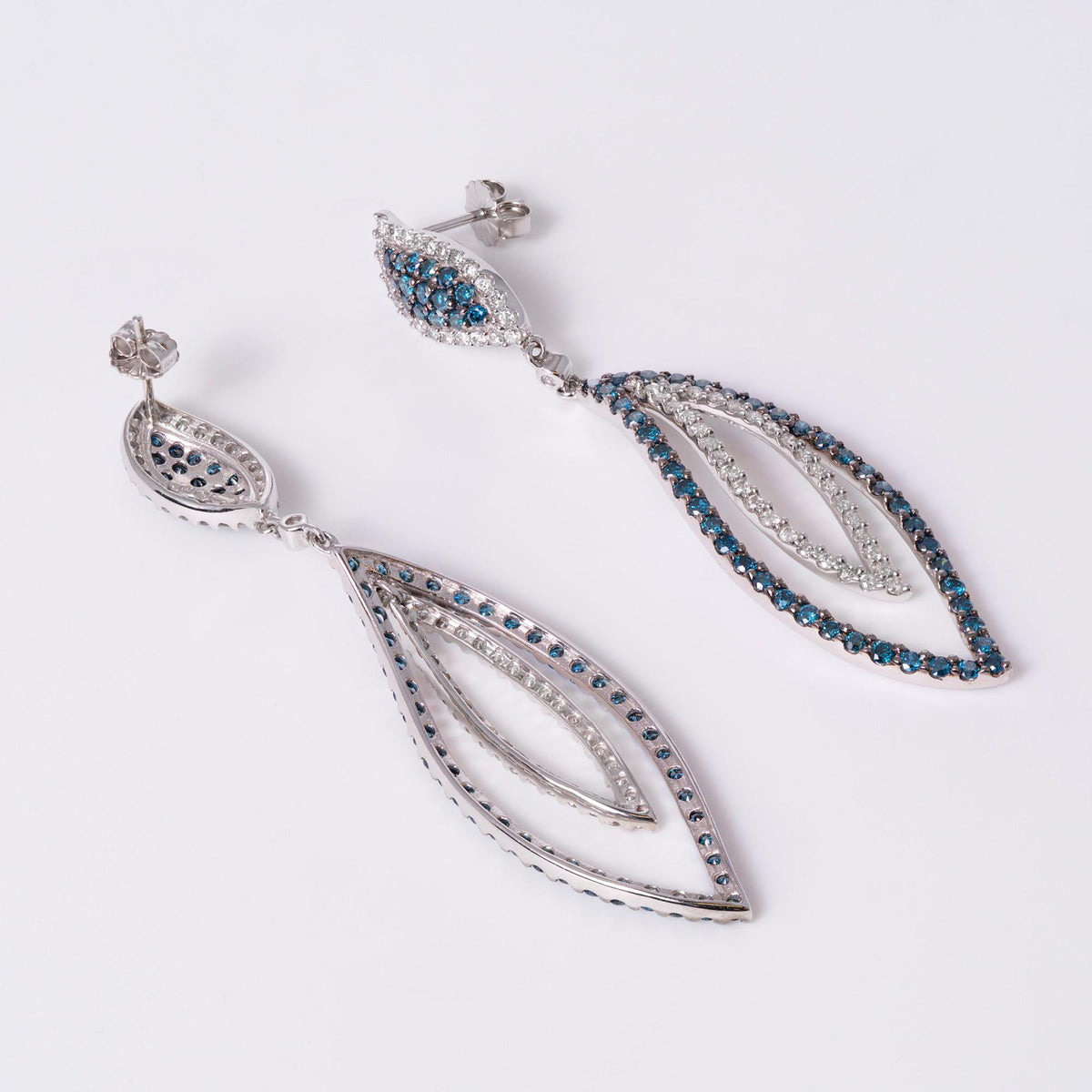 Vintage Blue & White Diamond Long Feather Dangle Earrings