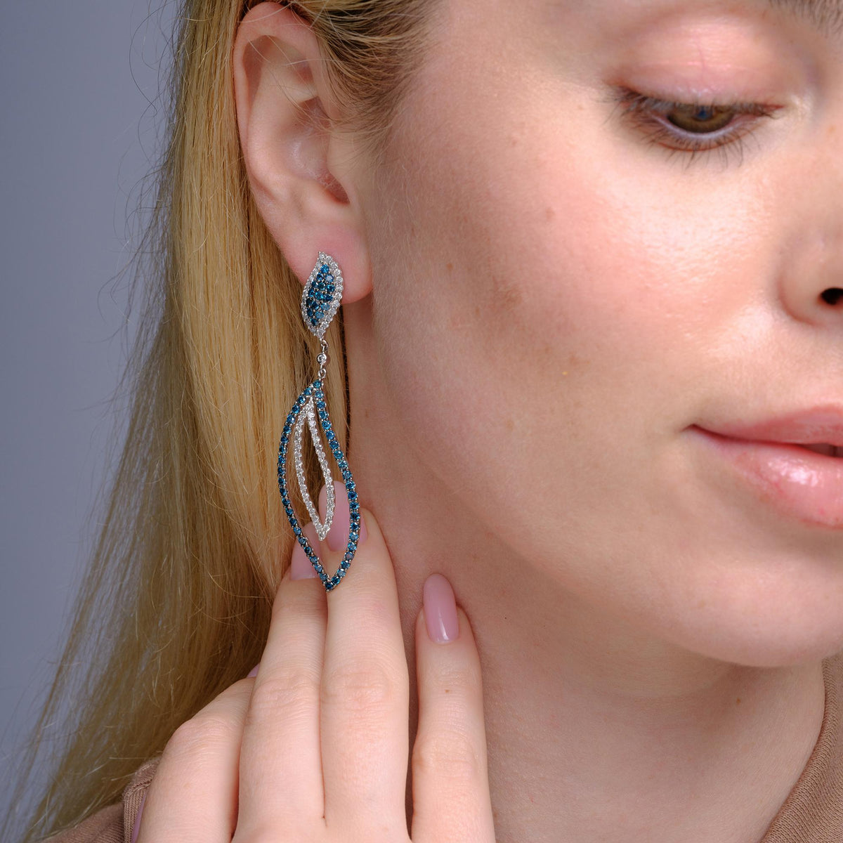 Vintage Blue & White Diamond Long Feather Dangle Earrings