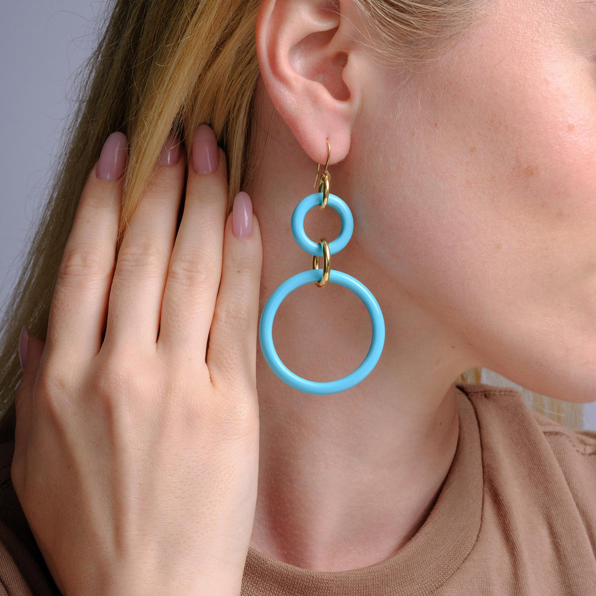 Vintage Faraone Mennella 18k Turquoise Double Hoop Drop Earrings