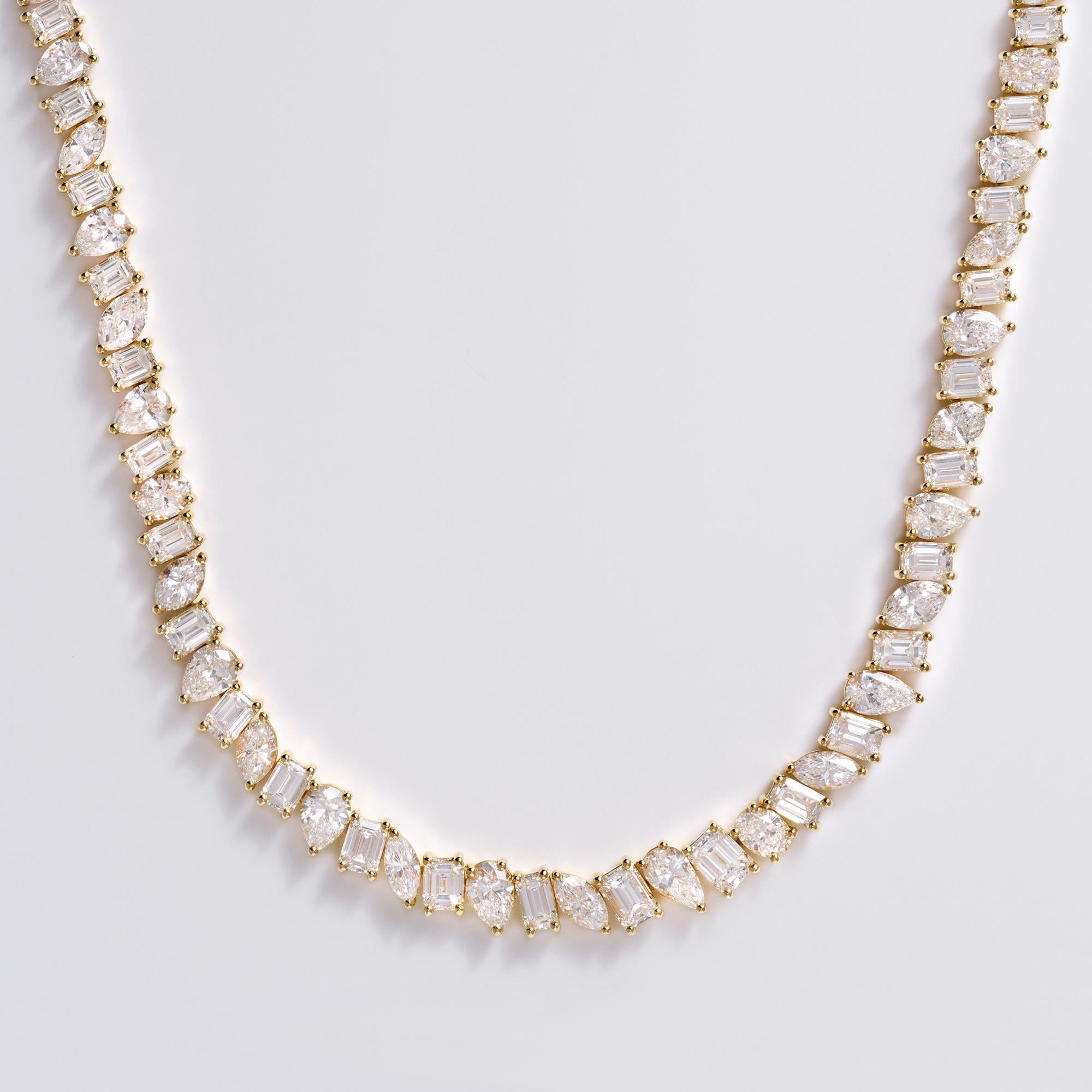 Mixed Cut 29 Carat Diamond Yellow Gold Tennis Necklace