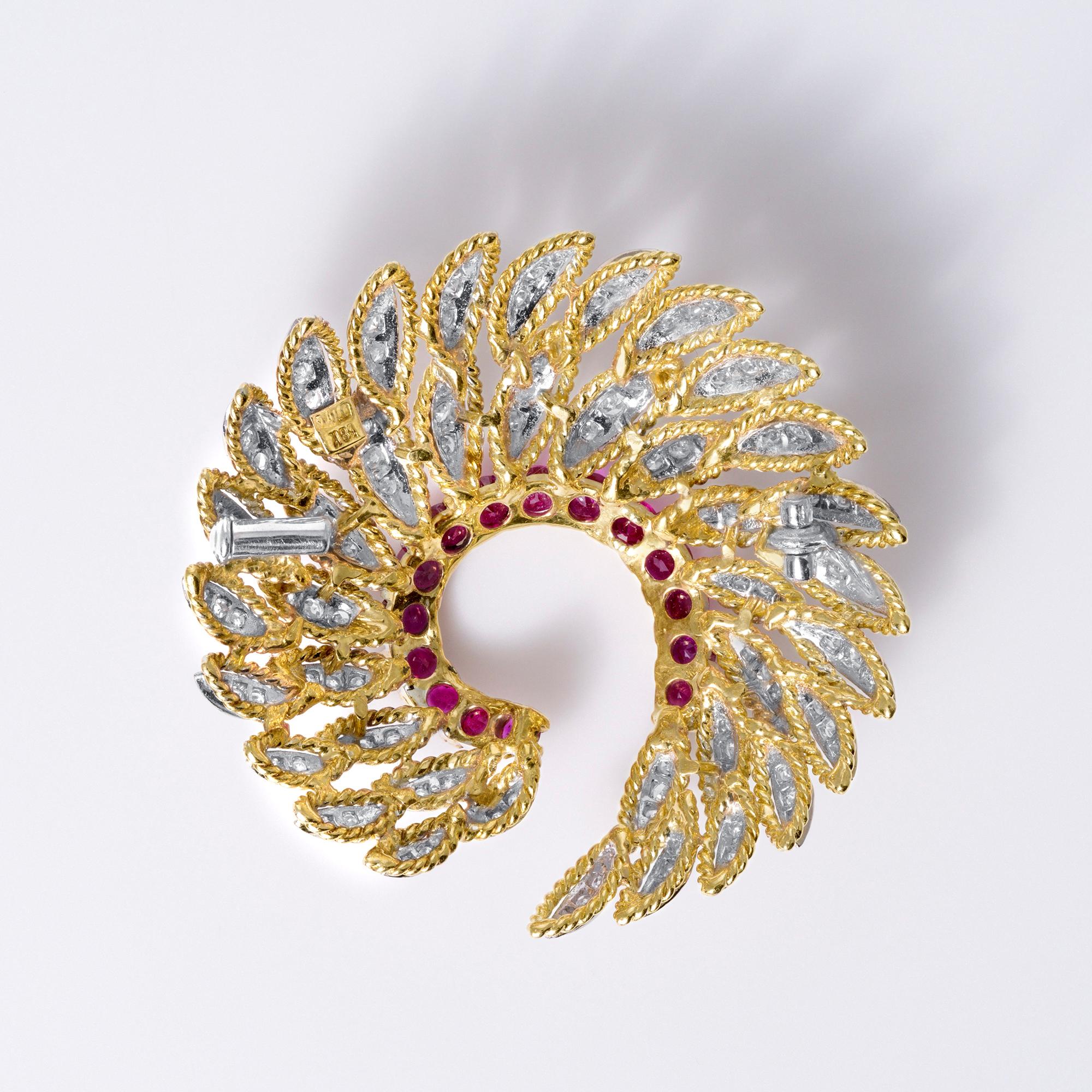Vintage 1940s Retro Ruby & Diamond Swirling 18K Gold Brooch Pin