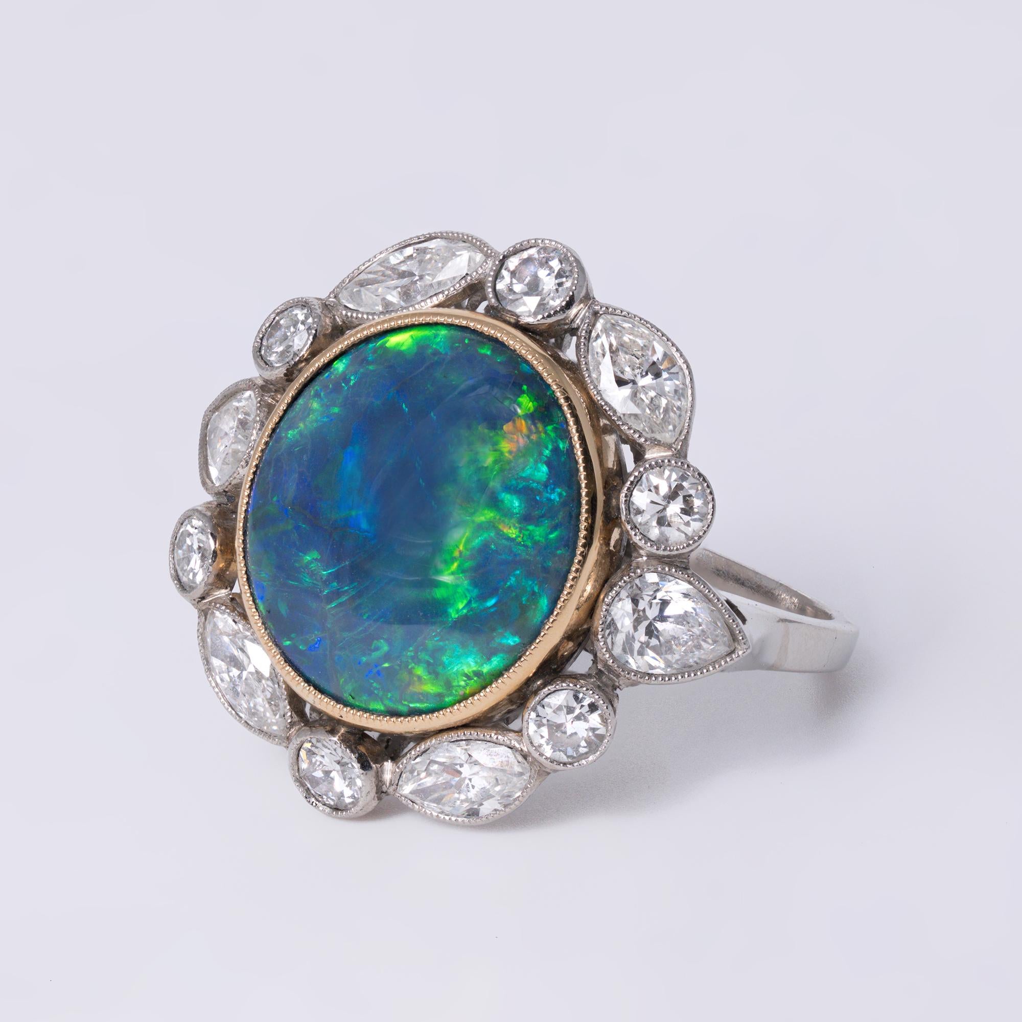 Mid-Century Black Opal and Diamond Platinum Cocktail Ring