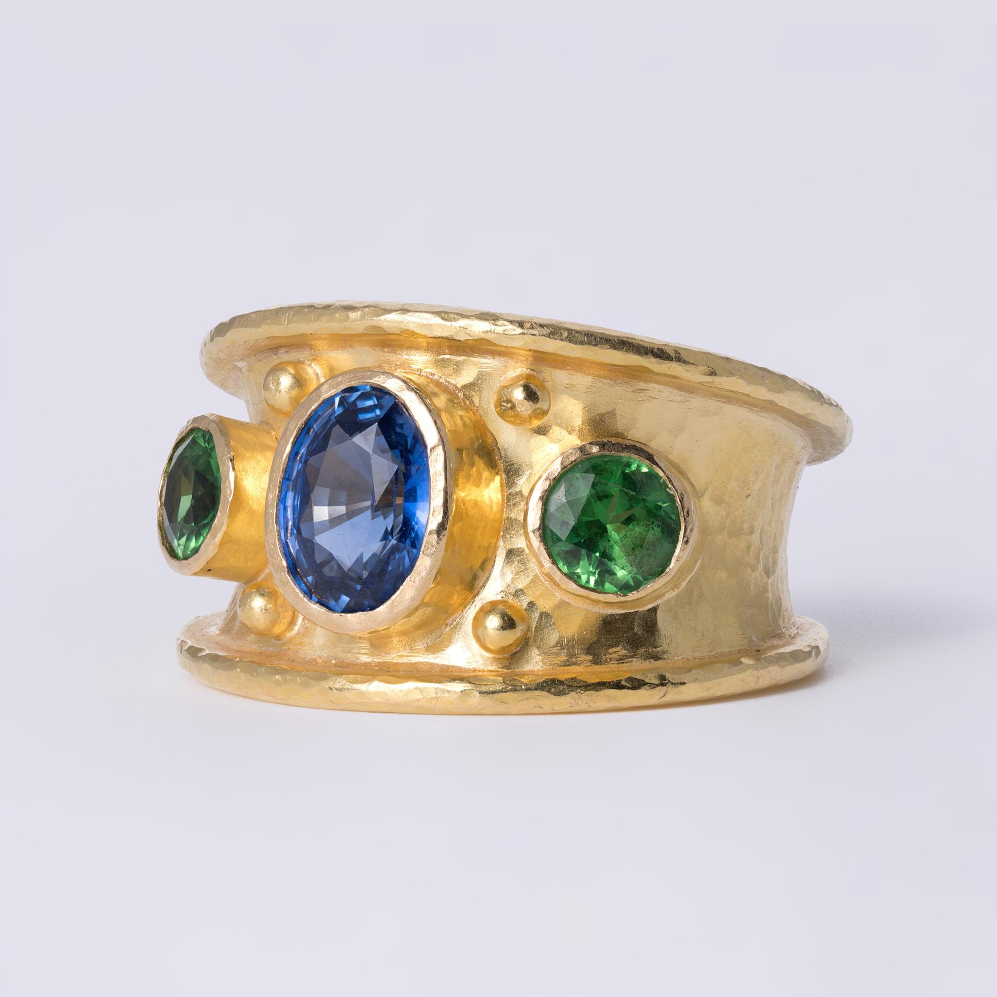 Elizabeth Locke Etruscan 19k Gold Sapphire Tsavorite 3 Stone Ring