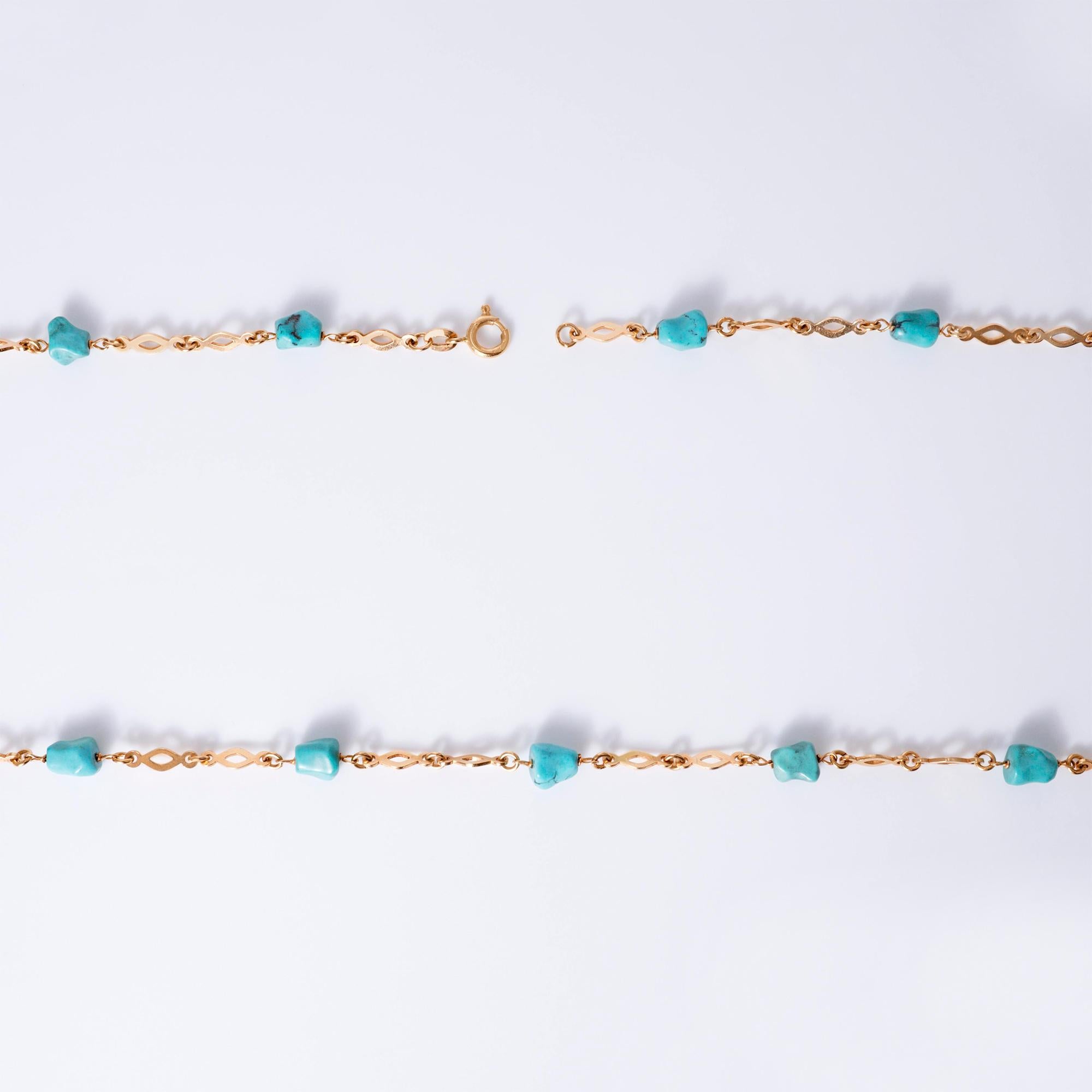 Retro 1940's Nugget Turquoise & 18 Karat Gold Long Station Necklace