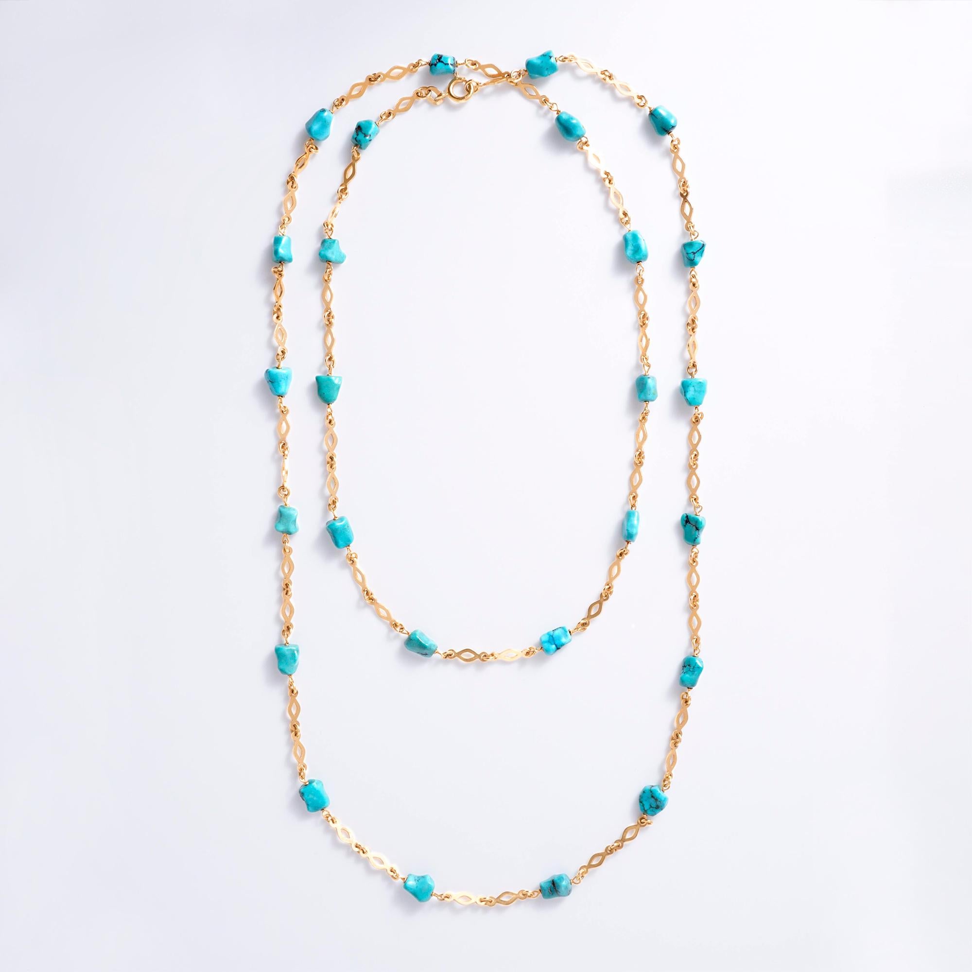Retro 1940's Nugget Turquoise & 18 Karat Gold Long Station Necklace