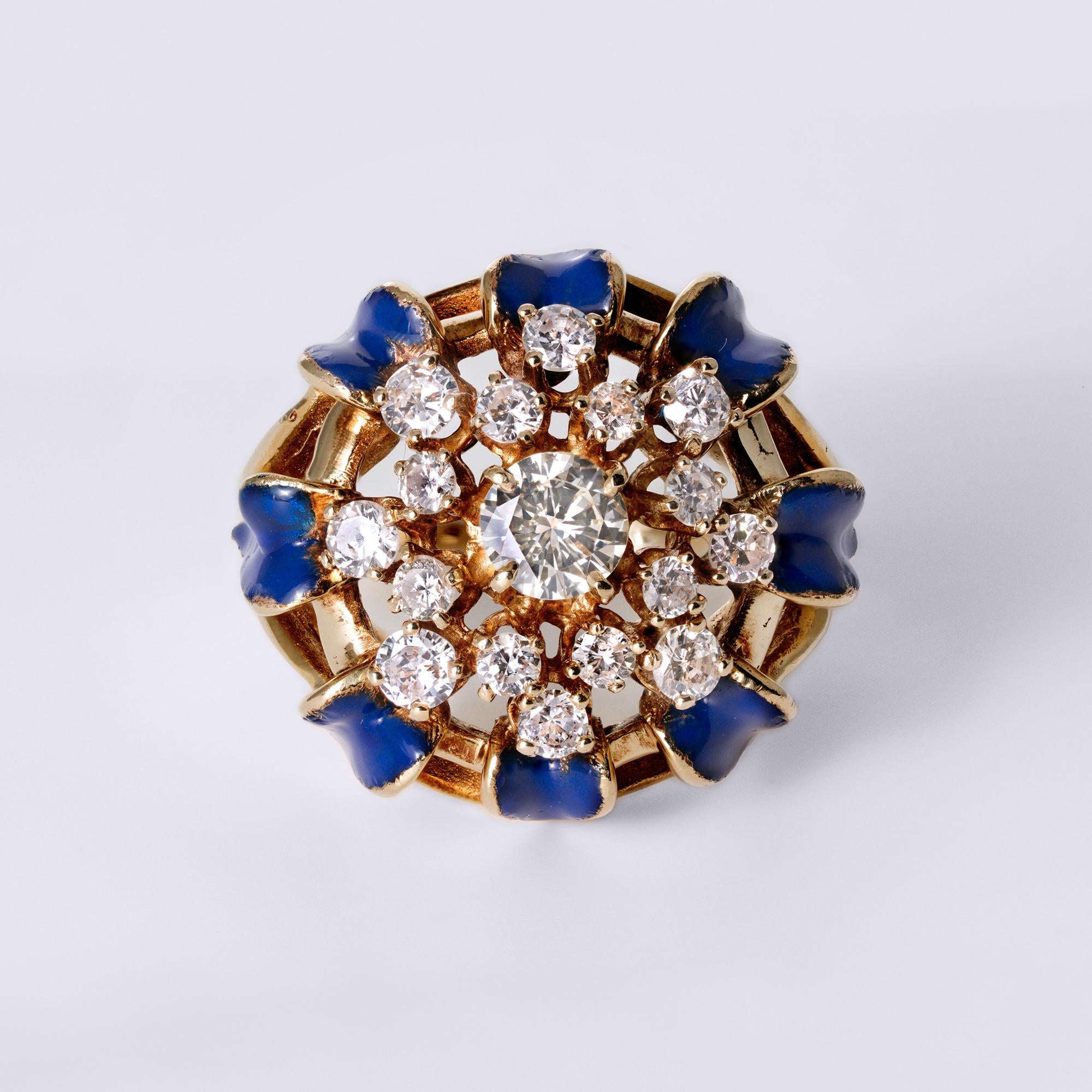 Vintage Mid-Century Royal Blue Enamel & Diamond Bombè Cocktail Ring