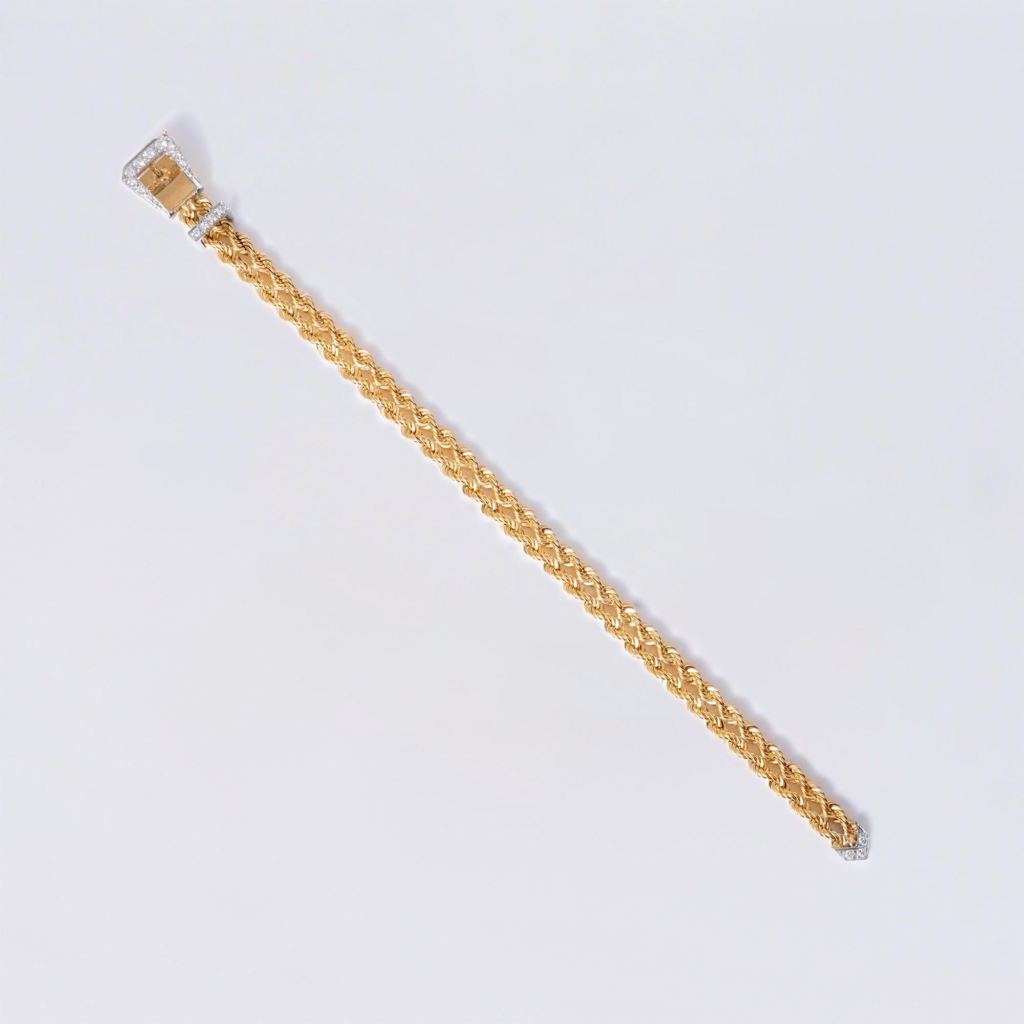 Vintage 14k Gold Rope Diamond Adjustable Belt Buckle Bracelet