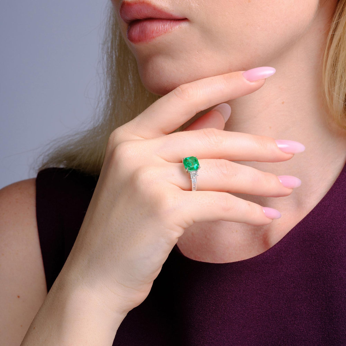 Fine 3.5 Carat Colombian Emerald & Diamond Platinum 3-Stone Ring